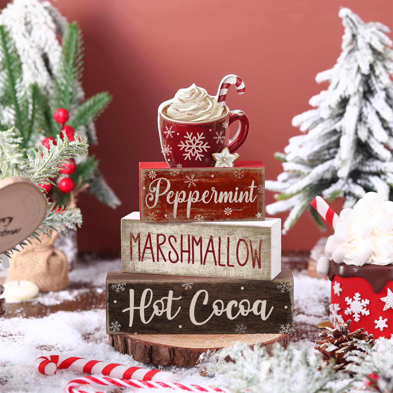 Moucuny 4 Pcs Christmas Table Decor Wooden Hot Cocoa Decoration Christmas Centerpiece Winter Tiered Tray Decor Decorative Red Ho