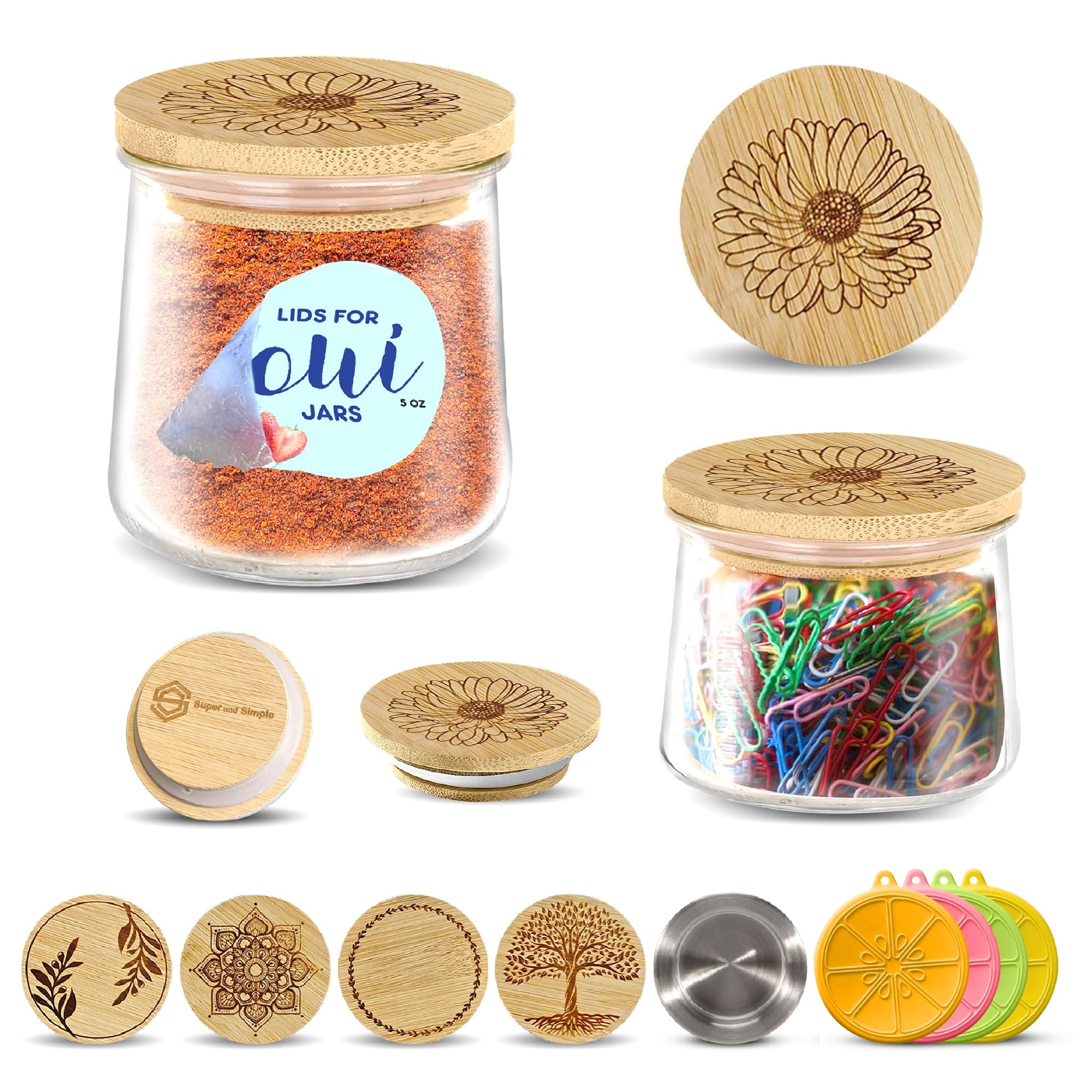 Super and Simple Oui Yogurt Jar Lids, 4-Piece Bamboo Set with Silicone Sealing Rings, Natural Color, Model 1