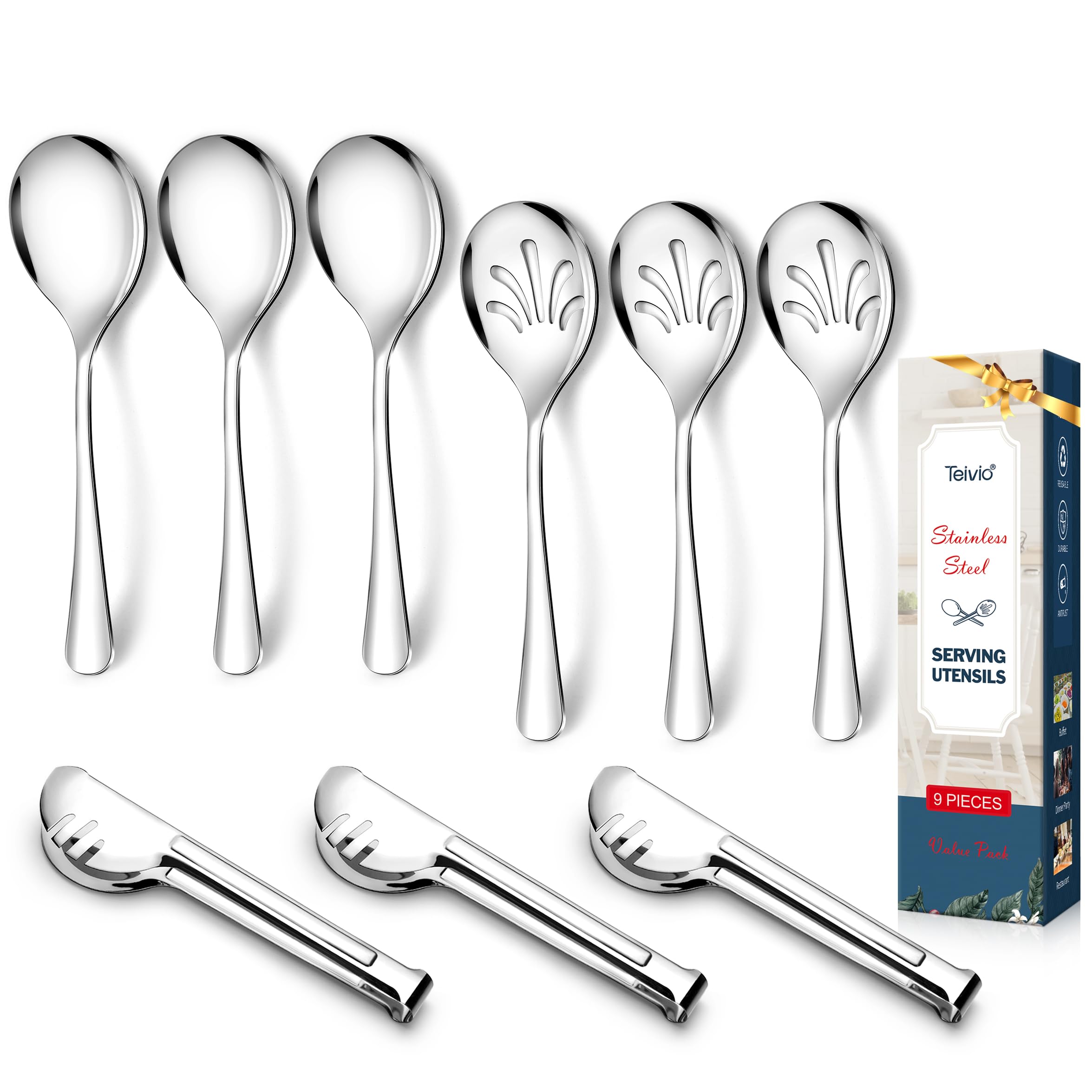 Stainless Steel Metal Serving Utensils - Large Set Of 9-10'' Serving Spoons, 10'' Slotted Spoons, And 9'' Serving Tongs By Teivi