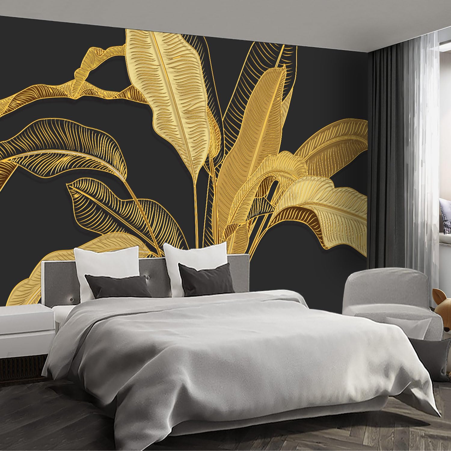 Fightal - Gold Banana Leaf Large wall murals Peel and Stick self Adhesive Wallpaper for Bedroom Living Room - 108x157