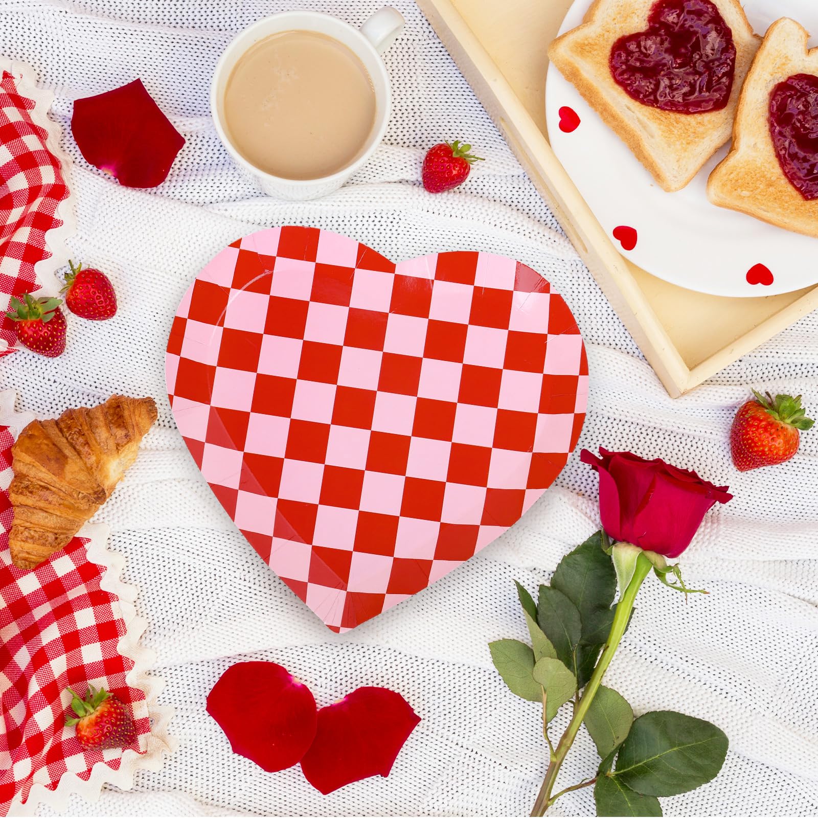 Whaline 40Pcs Valentine'S Day Paper Plates Plaid Love Heart Shape Disposable Plates Red Pink Checkered Heart Party Tableware For