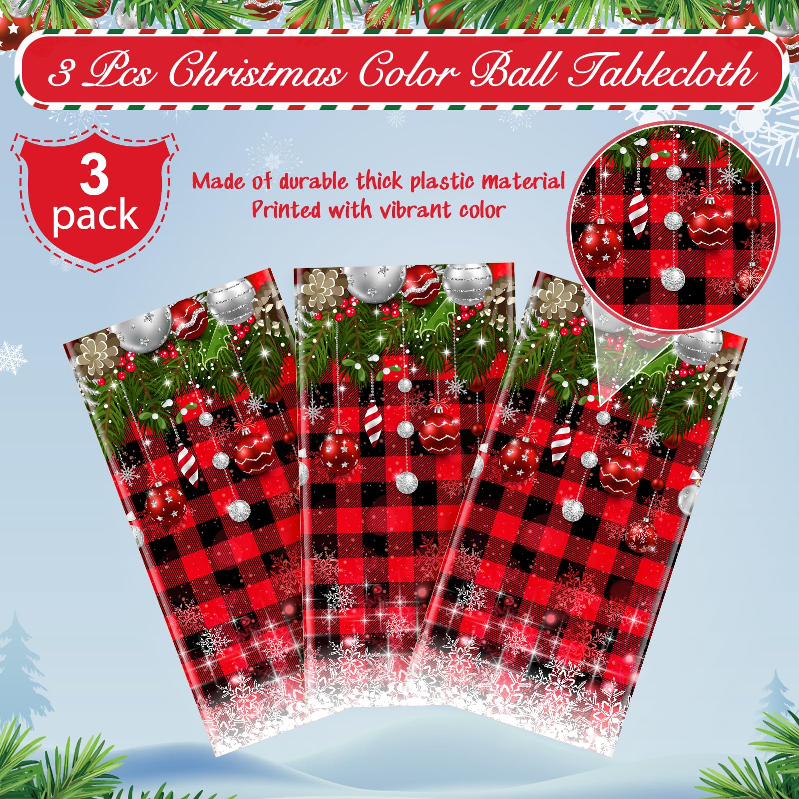 3Pcs Christmas Buffalo Plaid Snowflake Tablecloths,Plastic Red and Black Checkered Rectangle Christmas Tree Color Ball Table Cov