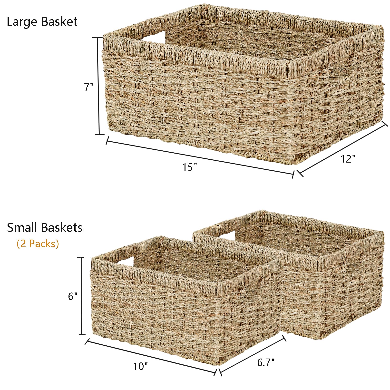 Vagusicc Wicker Basket, Set Of 3 Hand-Woven Storage Baskets For Organizing, Seagrass Wicker Storage Basket Bins With Handles, Sm