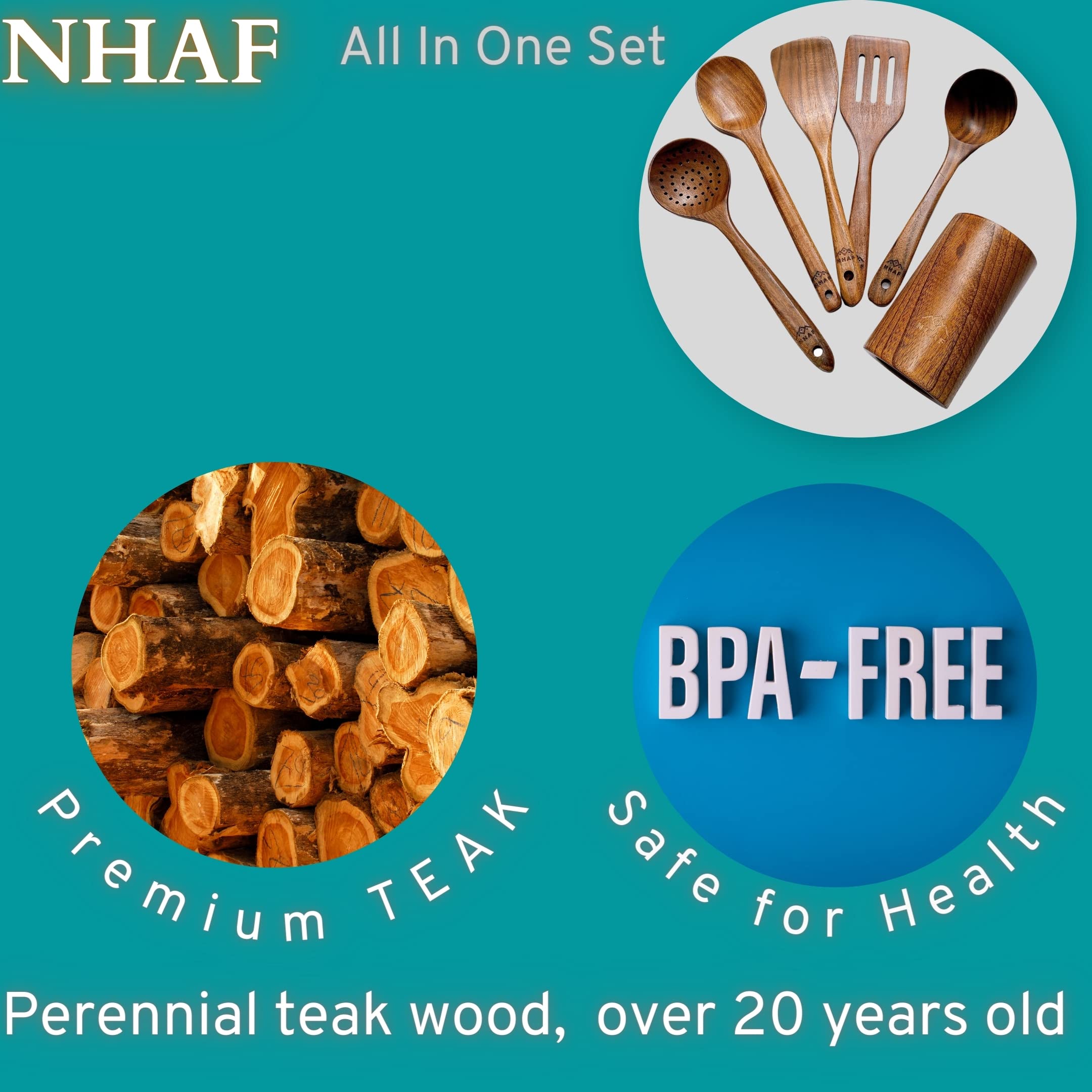 Nhaf Premium Teak Healthy Spoons, Durable Eco-Friendly Spatula, Wooden Utensils For Cooking Set With Holder & Canvas Bag, Wooden