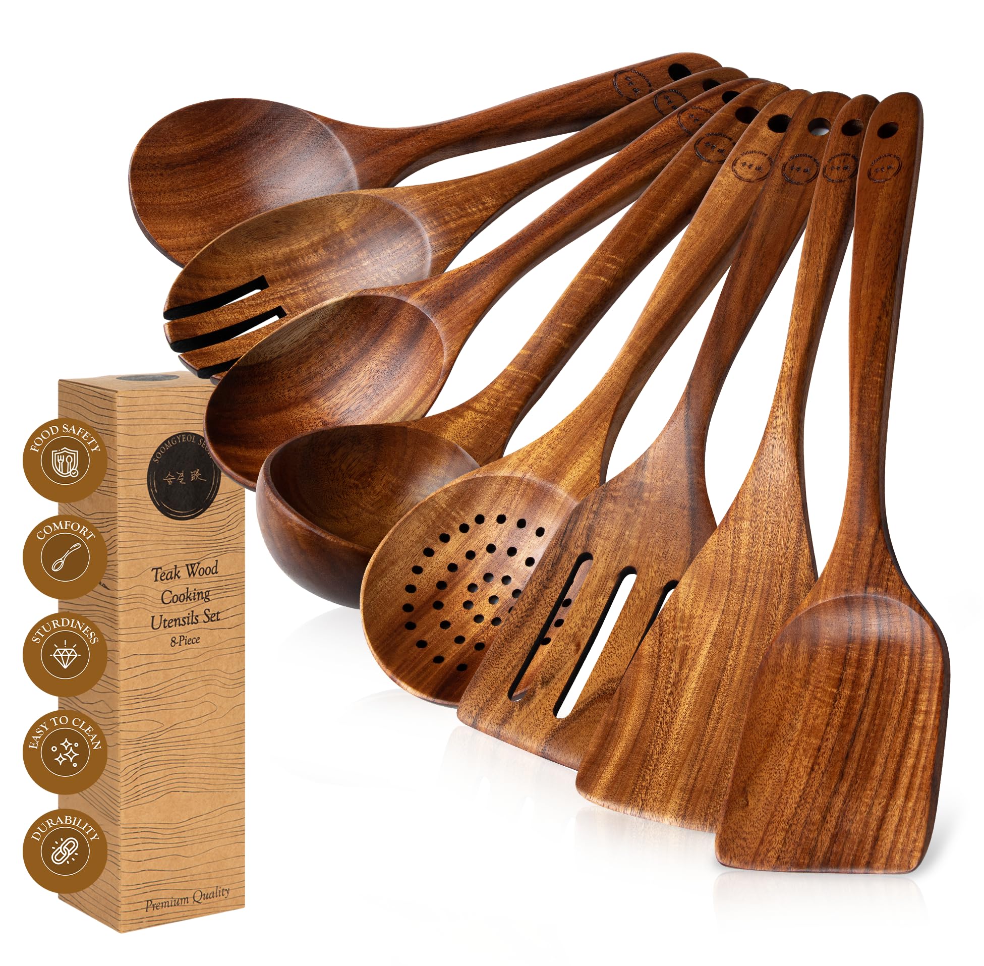 Wooden Spoons For Cooking - 8 Pcs Teak Wood Cookware Utensil Set With Smooth Finish - Non-Stick, Comfortable Grip - Durable, Hea