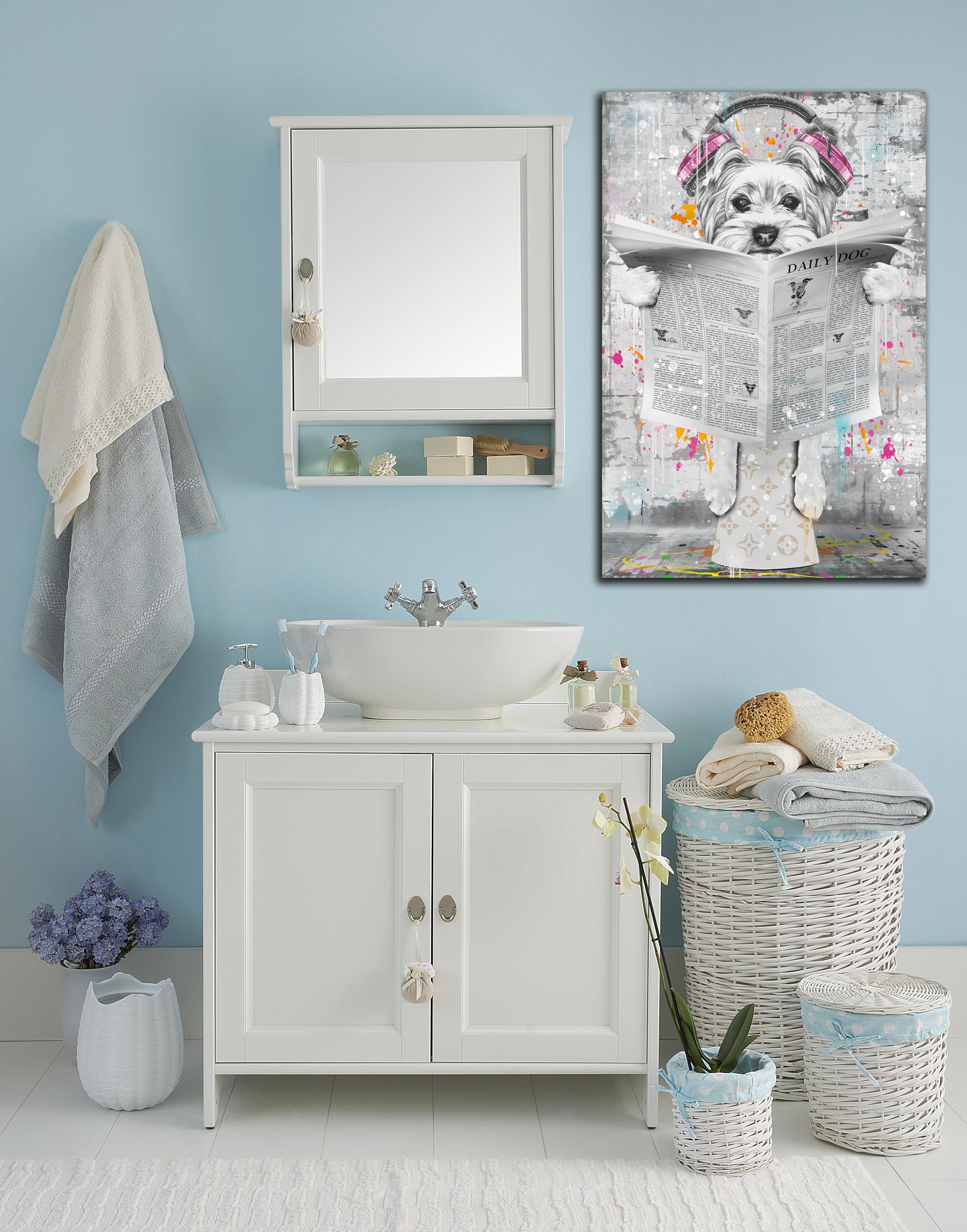 Entanub Bathroom Decor Wall Art, Black And White Graffiti Dog Canvas Print Painting, Funny Animal Picture For Bedroom, Size 24X3
