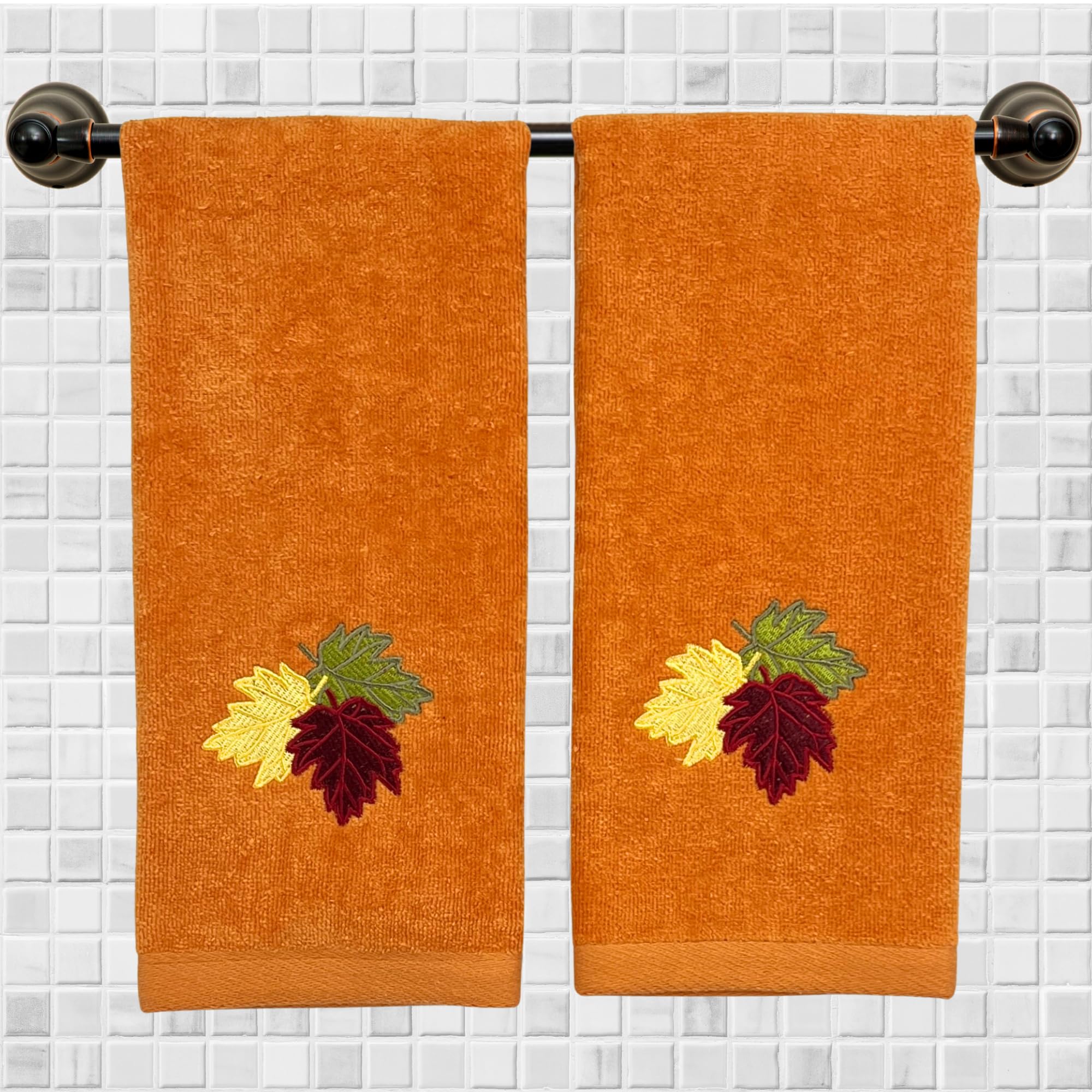 Serafina Home Decor Farmhouse Fall Hand Towels: Terracotta Rust Cotton Towels With Autumn Leaves Of Burgundy Green And Yellow Ha