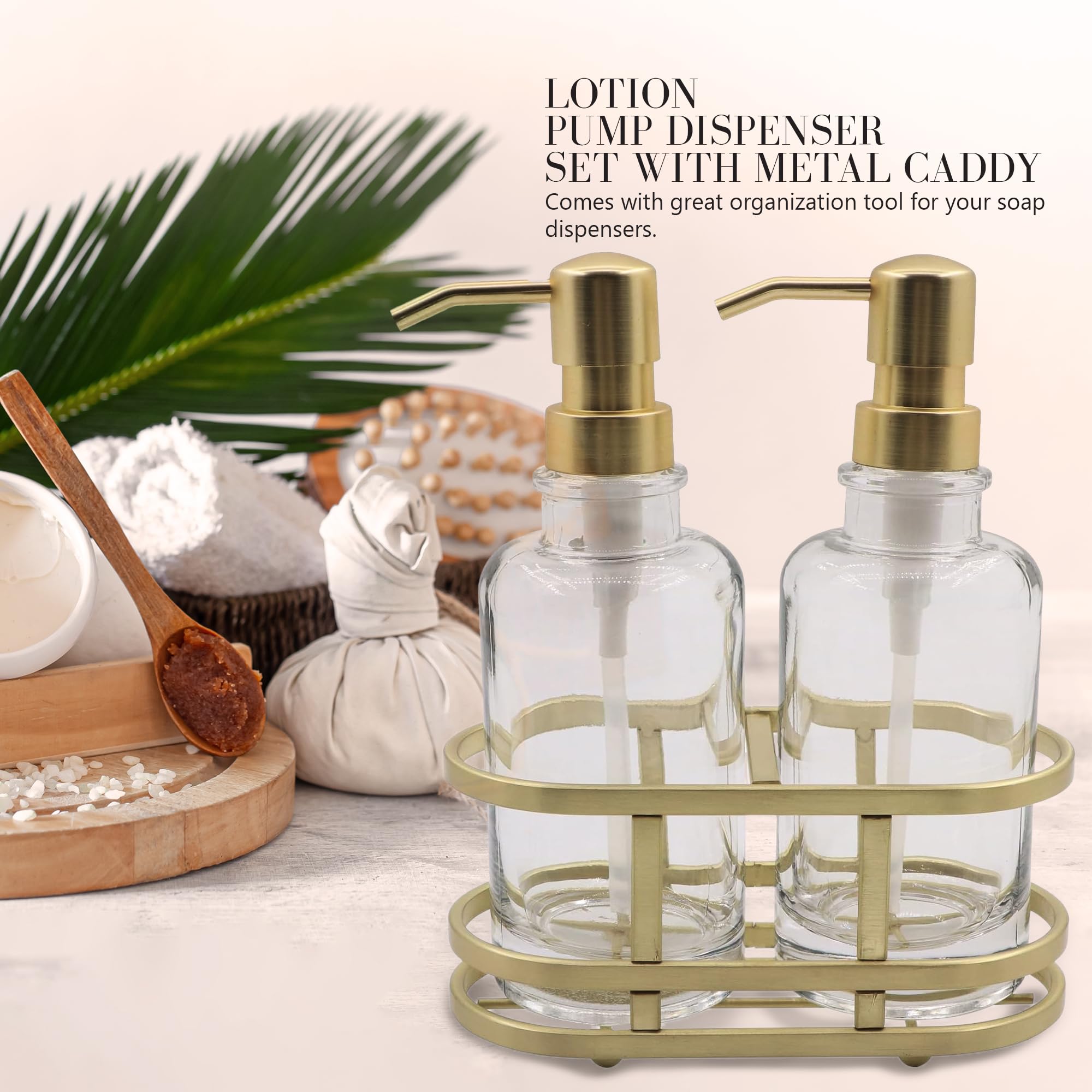 3-Piece Round Heavy Weight Glass Soap Lotion Pump Dispenser Set With Metal Caddy For Home Bath Kitchen Travel Office Hand Crafte