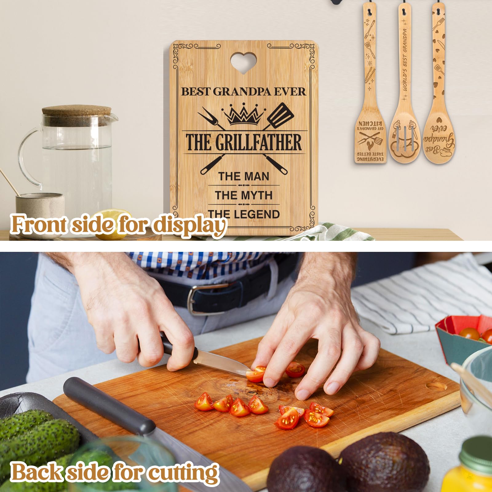Gifts for Grandpa -  The Grill Father  Grandpa Gifts Cutting Board Set, Bamboo-Made Engraved Utensil Set Grandpa Birthday Gifts