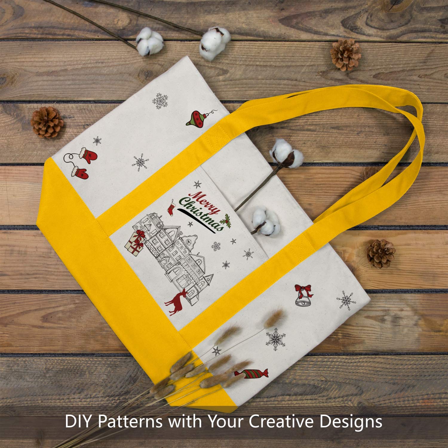 Topdesign Stylish Canvas Tote Bag With An External Pocket, Top Zipper Closure, Daily Essentials (Yellow/Natural)