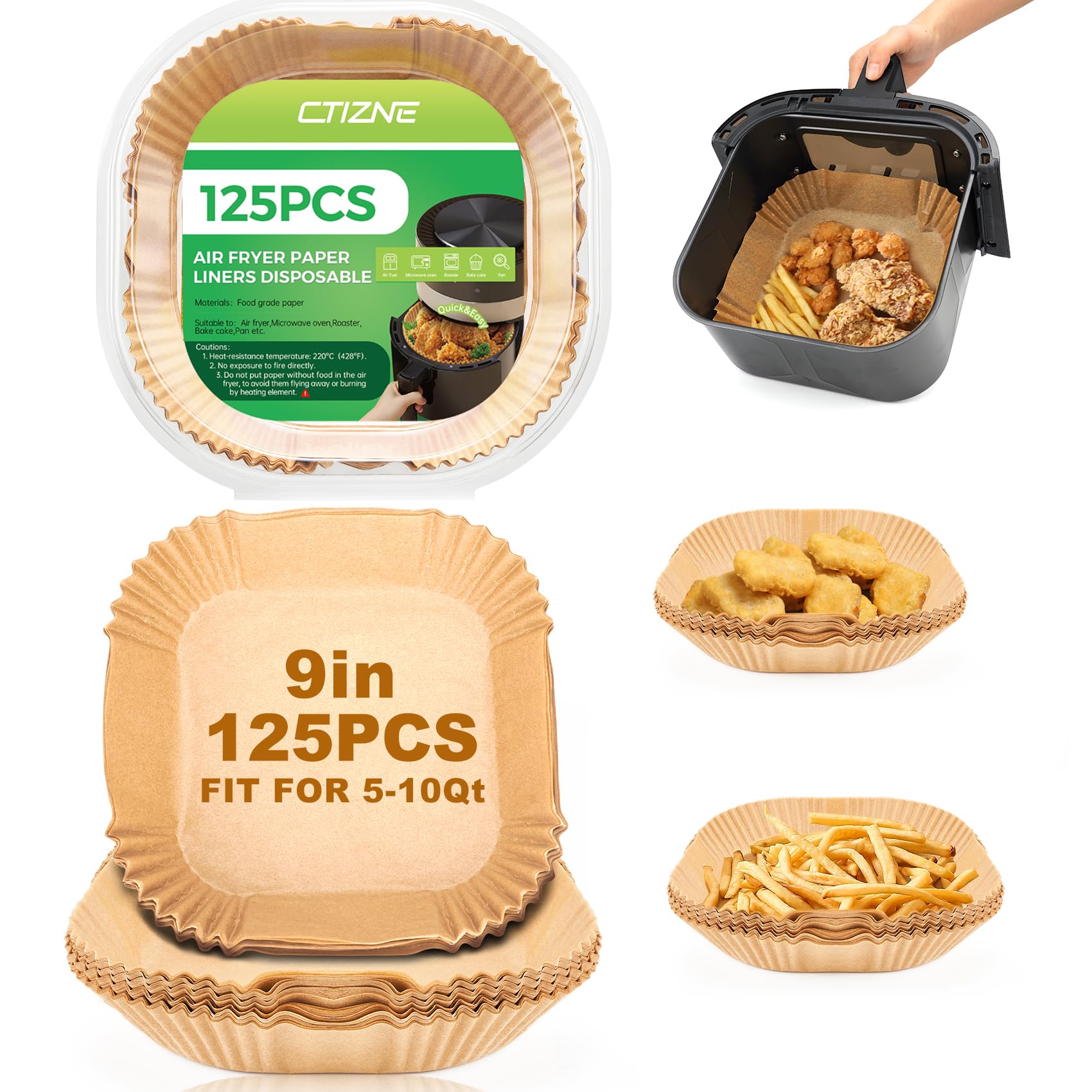 Ctizne Disposable Air Fryer Paper Liners, 125Pcs 9 In Large Square Parchment Paper Liner, Non Stick Baking Paper For 8Qt - 12Qt