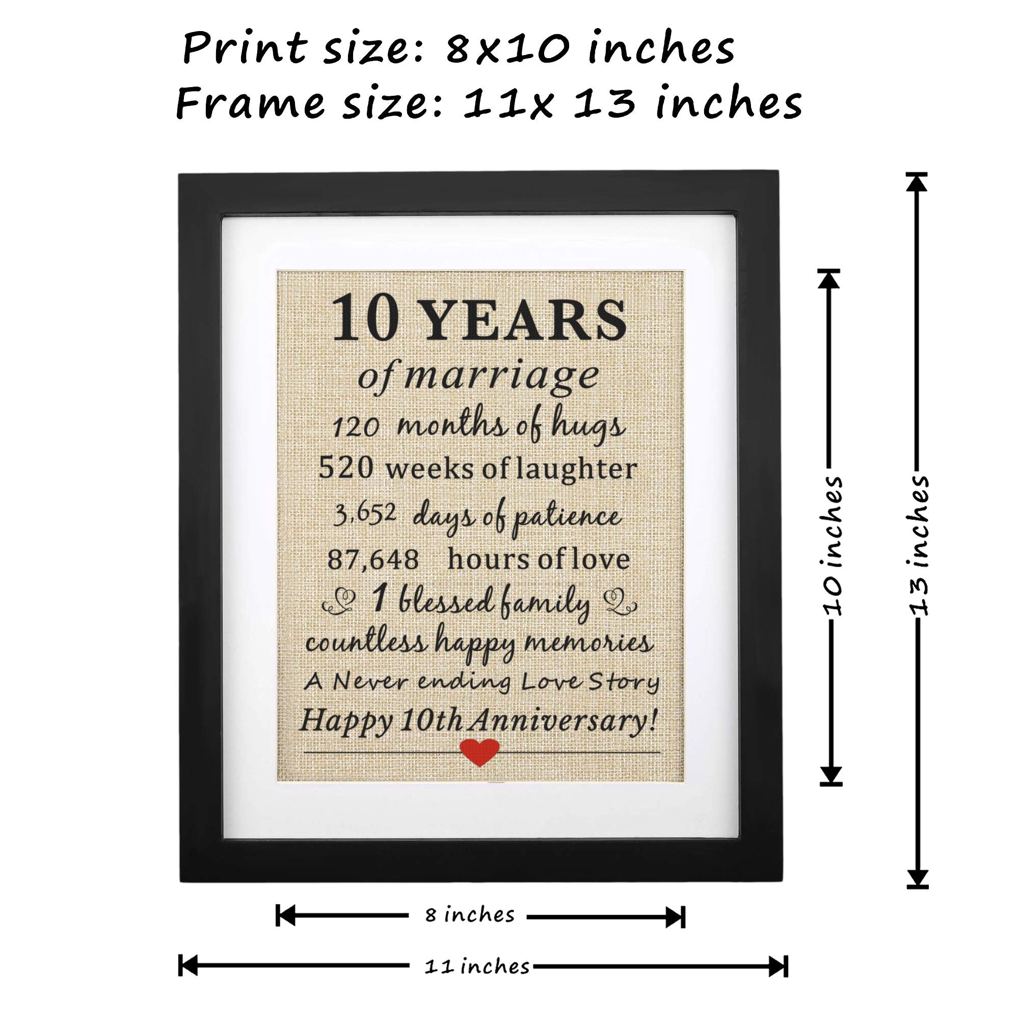 Corfara Framed 10Th Wedding Anniversary Burlap Gift 11'' W X 13'' H, Couples 10Th Anniversary 10 Years Of Marriage Gift For Wife