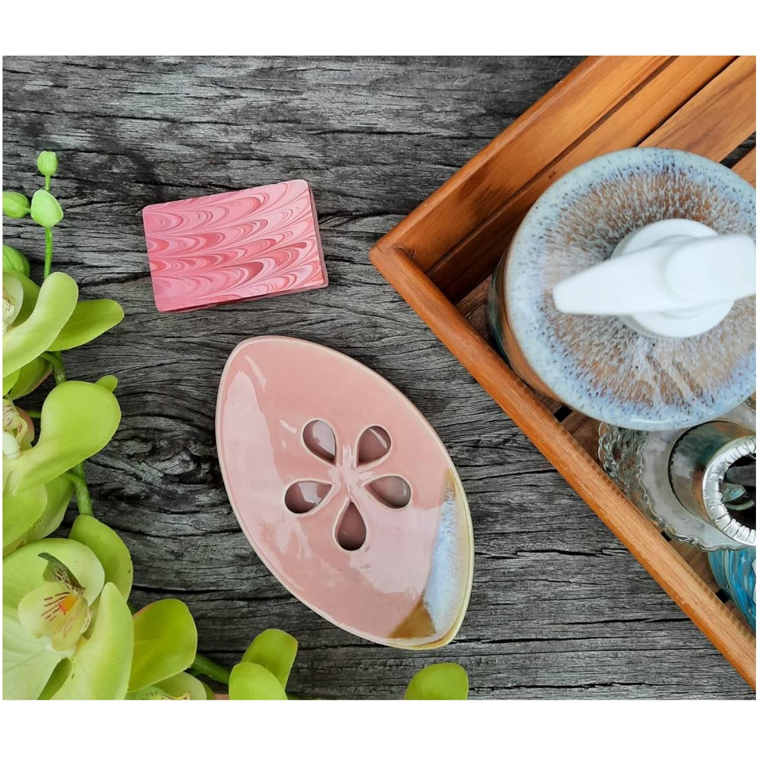 Lungmongkol Shop Ceramic Soap Dish With Self Draining Tray For Bar Soap, Bathroom, Kitchen (Pastel Pink)