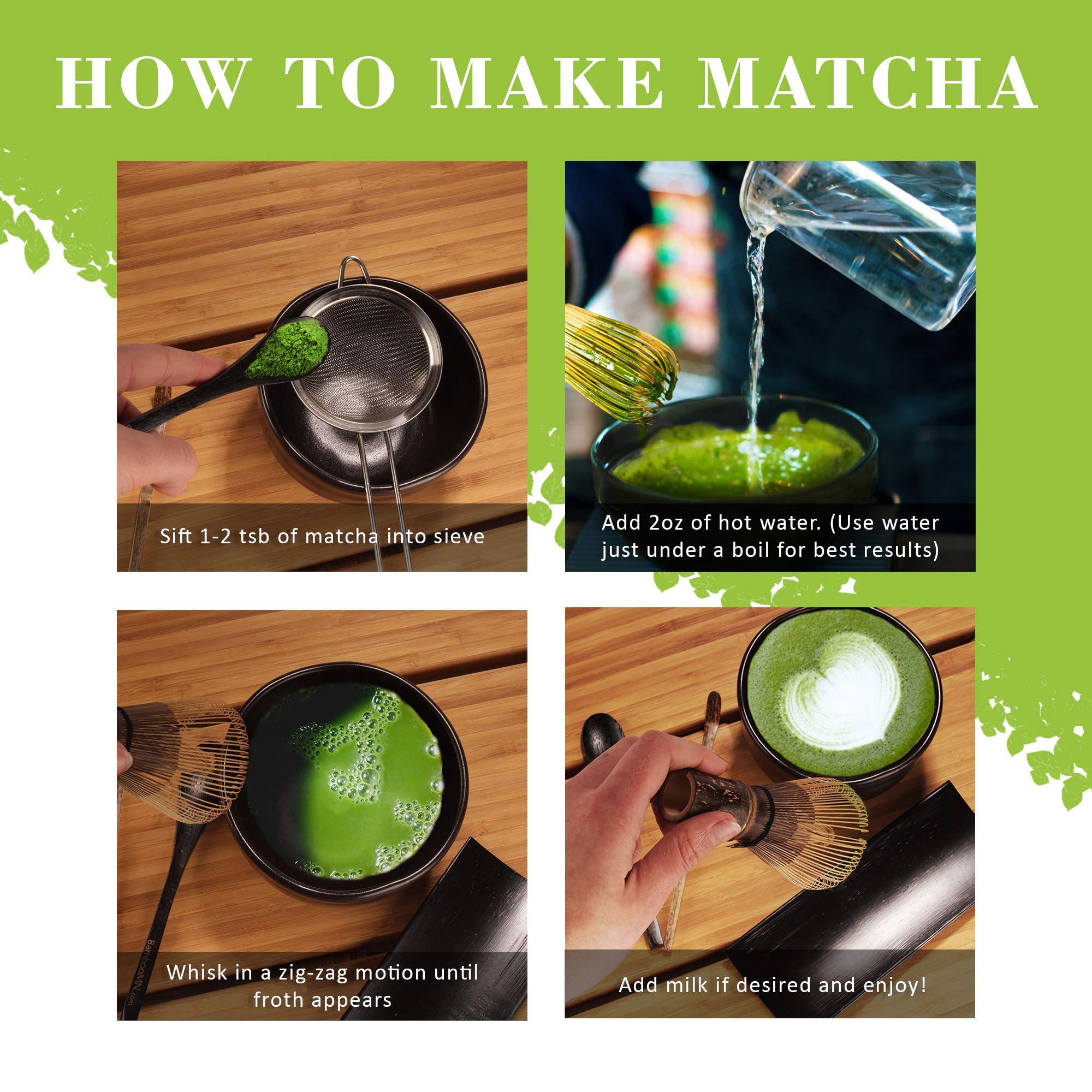 Bamboomn Brand - Matcha Green Tea Whisk Set - Whisk + Scoop + Tea Spoon + Black Whisk Holder