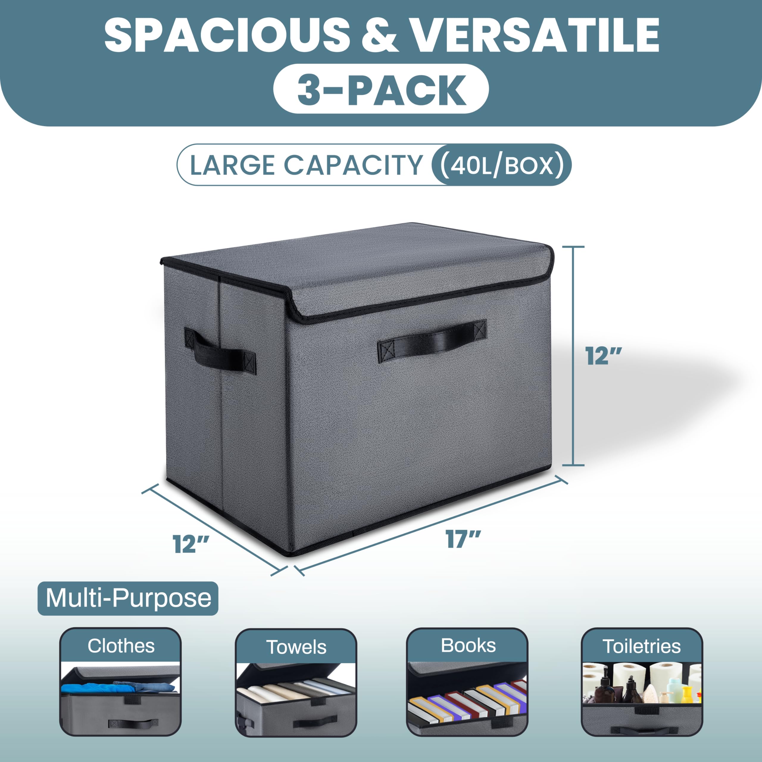 Extra Large 40L 3-Pack Collapsible Storage Bins With Lids, Stackable Storage Bins With Labels, Foldable Closet Linen Storage Box