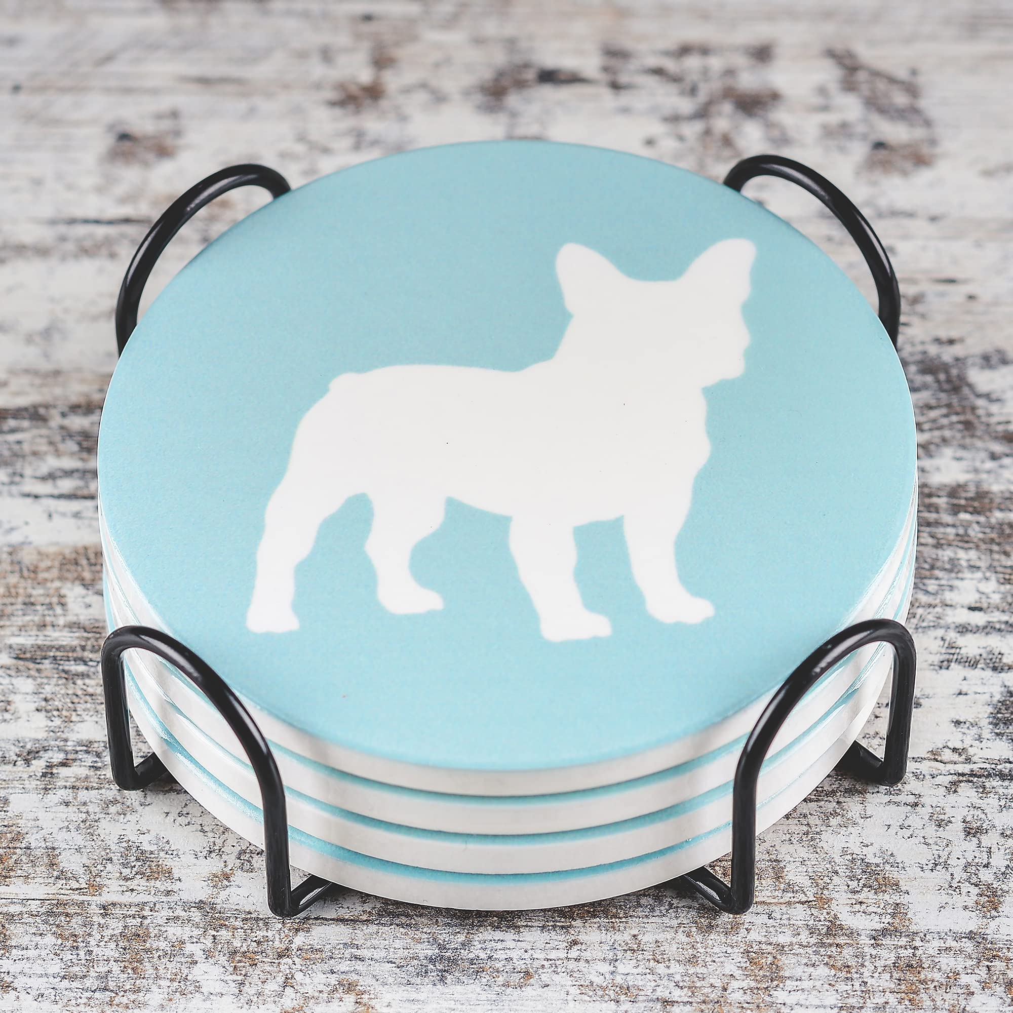 Greenline Goods French Bulldog Lovers Ceramic Drink Coasters - Set of 4 Frenchie Dog Coasters with Protective Cork Bottom and Metal Stand - French Bulldog Decor for French Bulldog Moms & Dads