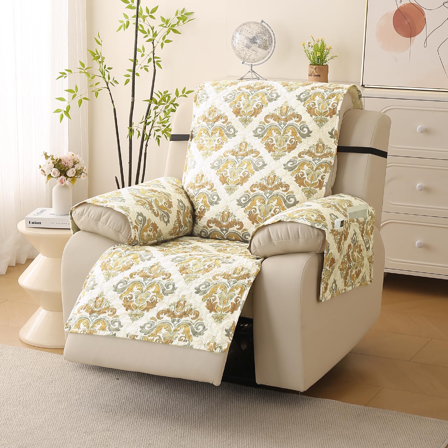 Hokipo Vivacasa Series Polyester Quilted Recliner Chair Cover For 1 Seater With Side Pockets, Floral Ash Grey (In-726-D3)