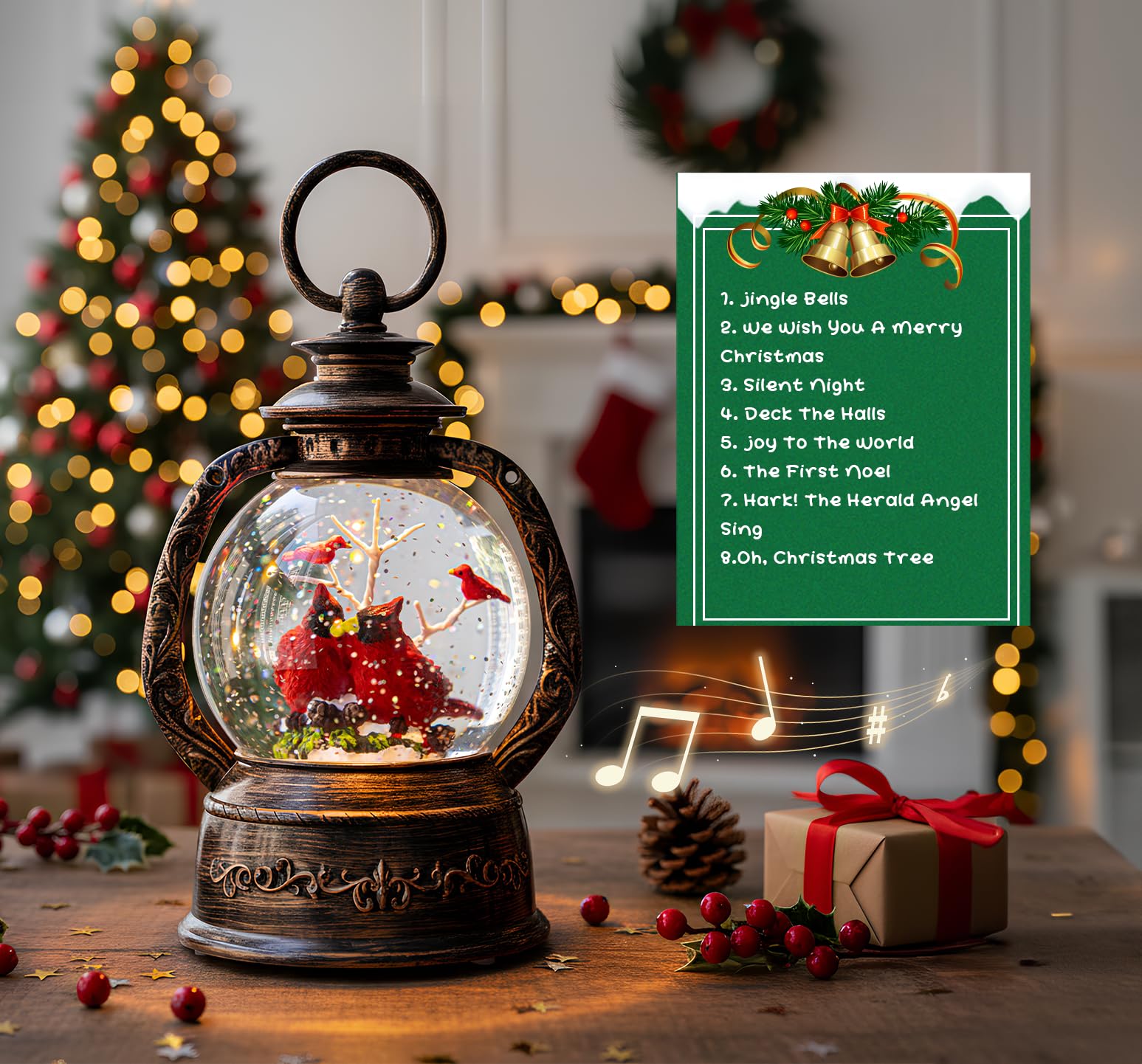 Christmas Snow Globe Lantern Water Glittering Cardinal with Music, USB Lined/Battery Operated Lighted Lantern for Christmas Fest