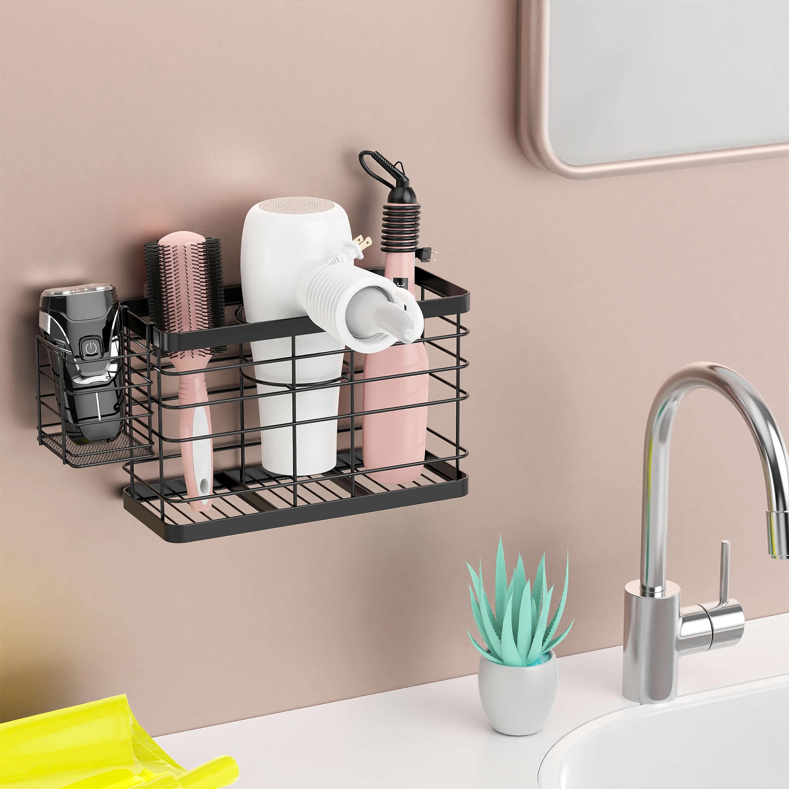 Vecallo Hair Tool Organizer - Black Steel Wall Mounted Hair Dryer Holder With Removable Basket, 10.62''L X 4.33''W X 6.69''H, Id