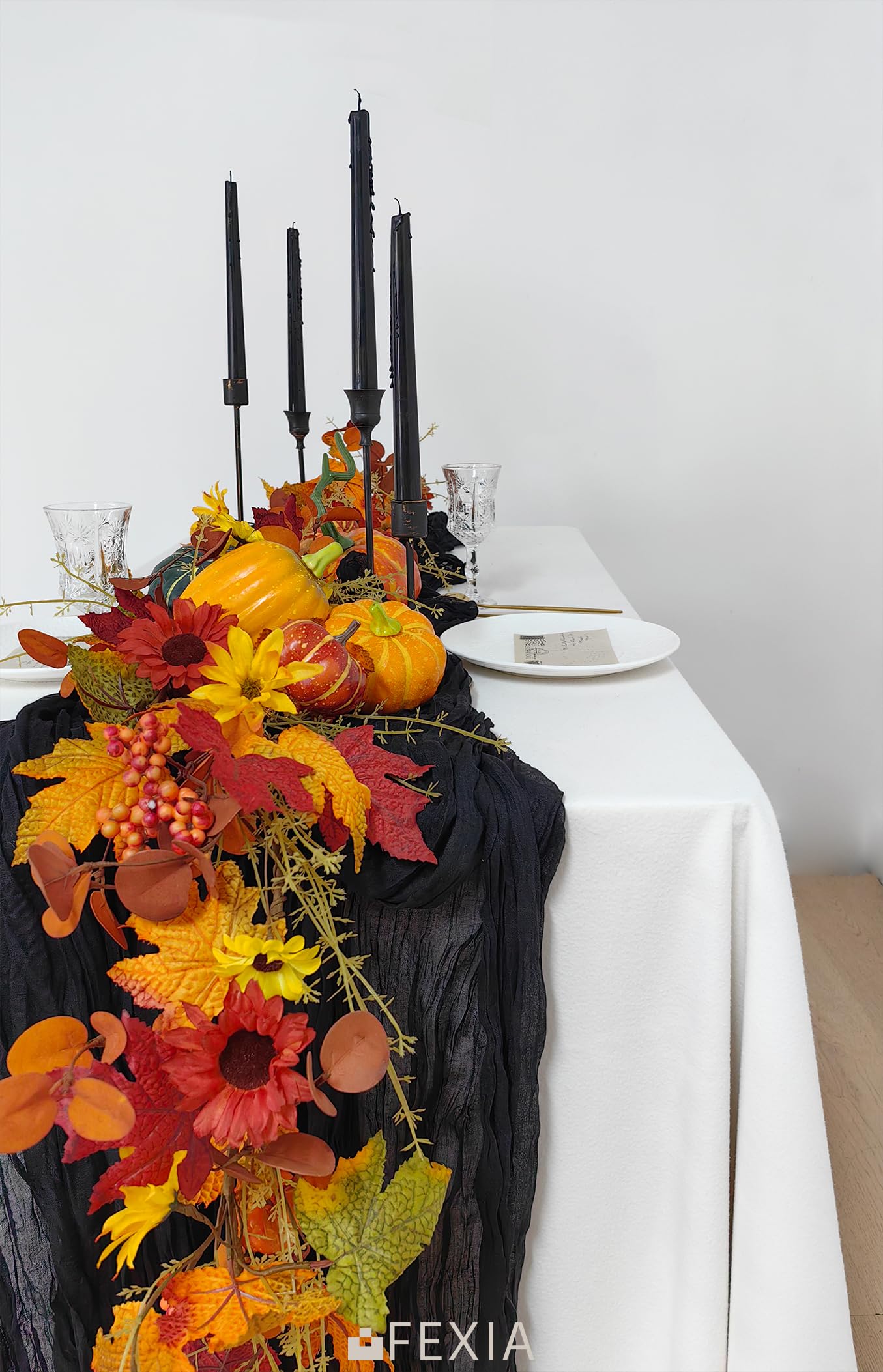 Fexia 6 Pack Black Table Runner 35X120 Inches Gauze Rustic Farmhouse Decor For Halloween Thanksgiving First Communion Centerpiec
