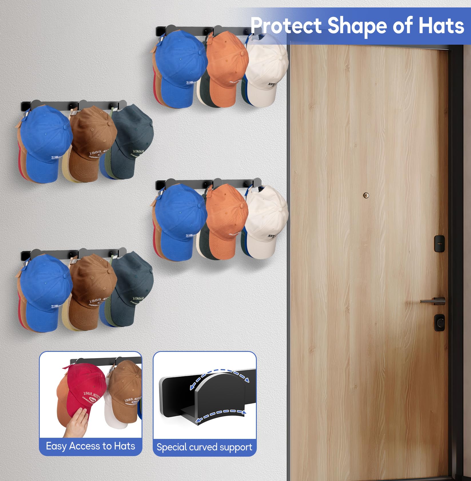Kimbora 4 Packs Hat Rack For Wall, Hat Organizer For Baseball Caps Holds 36 Hats, 3 Mounting Options Hat Hook Hanger, Strong Bas