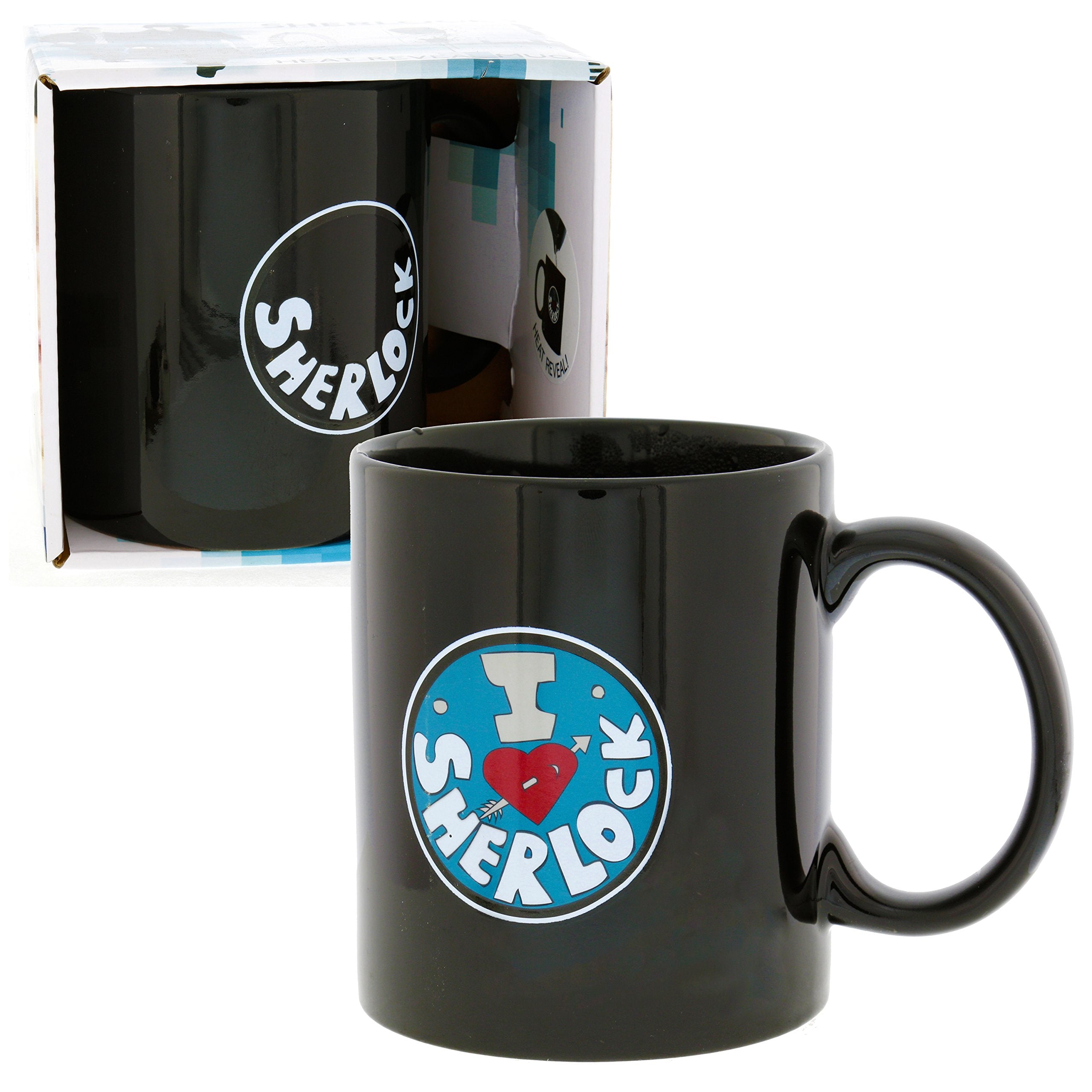 Sherlock Holmes ''I Heart Sherlock'' 12-Ounce Heat-Reveal Mug - Ceramic Cup For Hot Coffee, Tea, Cocoa - Heat-Activated Color-Ch