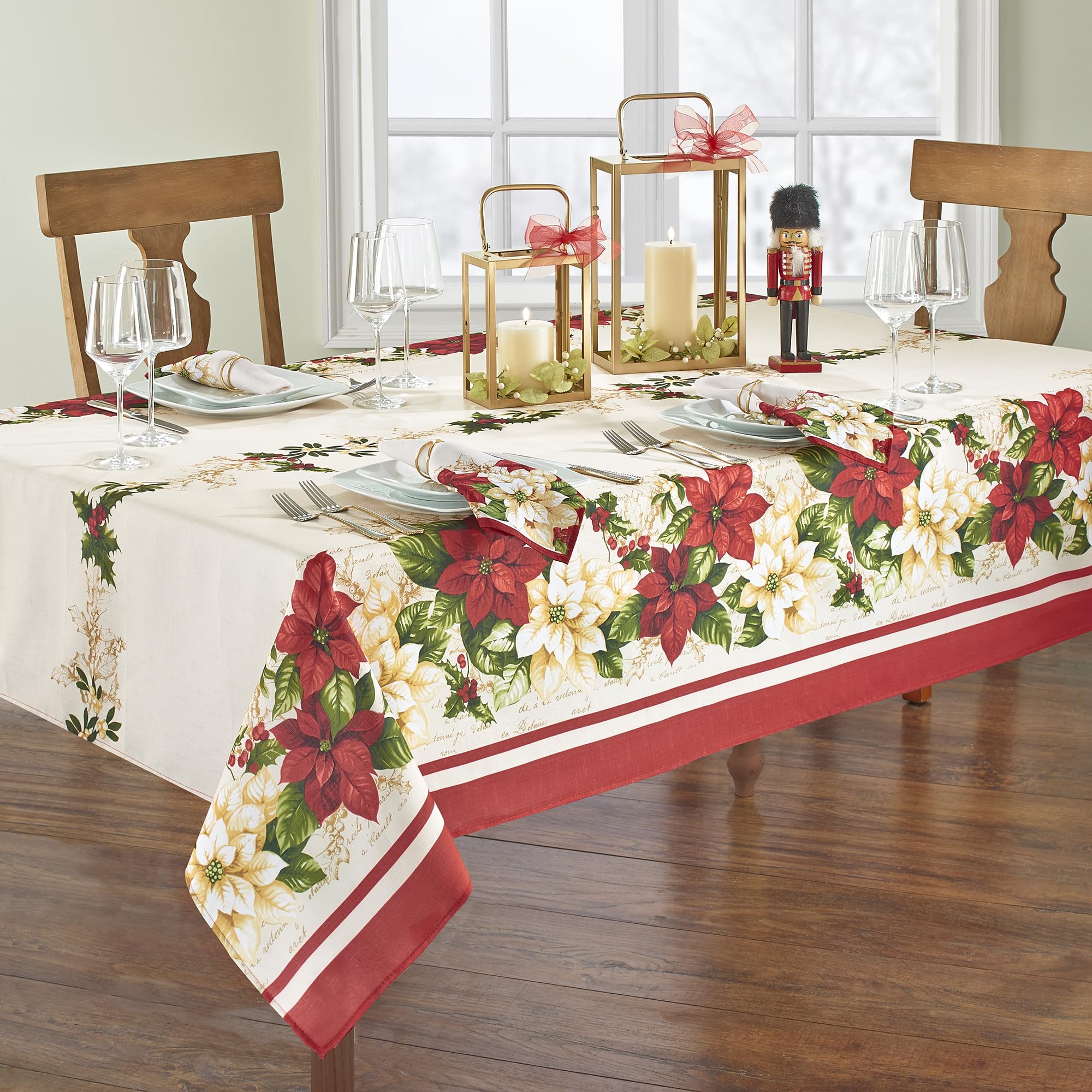Elrene Home Fashions Red And White Poinsettia Holiday Wrinkle Resistant Fabric Tablecloth, 60'' X 102'' Rectangle, Multi