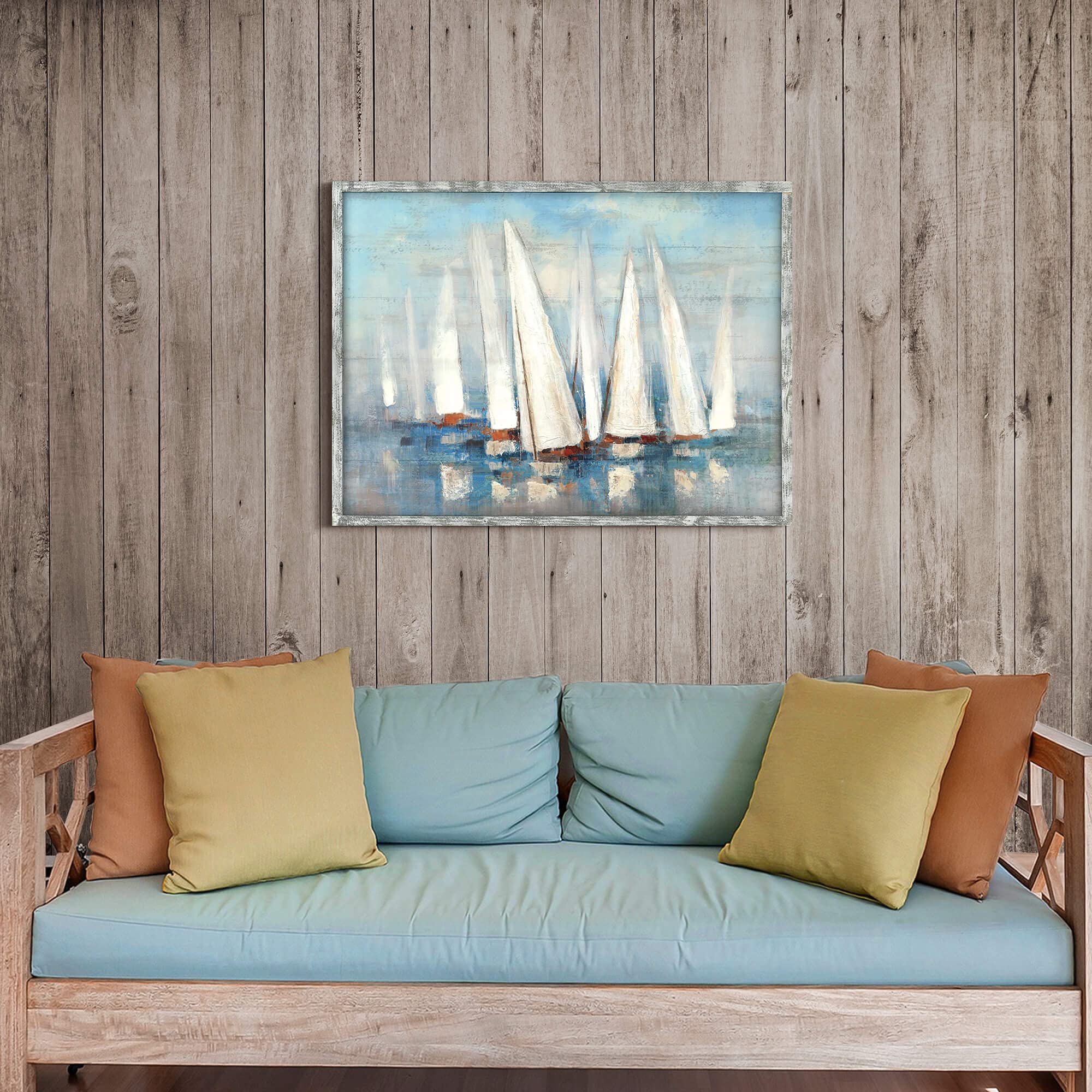 Ocean Framed Painting Wall Art: Abstract Coastal Artwork 40''X30'' Seascape Picture Seascape Prints On Wood In Modern Style For