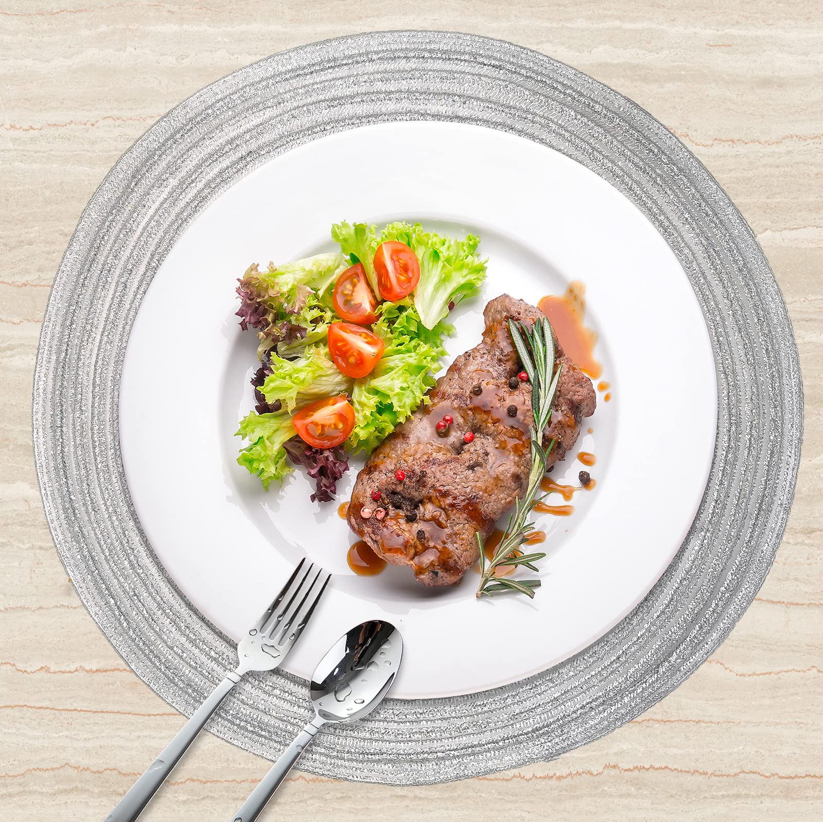Adido Eva Round Placemats Set Of 4 Heat Resistant Braided Place Mats 11.8 Inch For Kitchen Table Silver