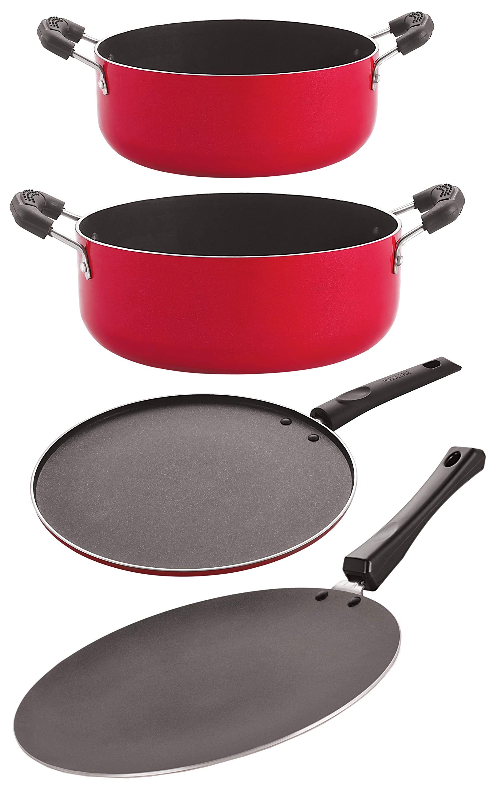 Nirlon Nonstick Aluminium Cookware 4 Pieces Set, Red & Black (Ct12_Cs26_St11_Cs24)