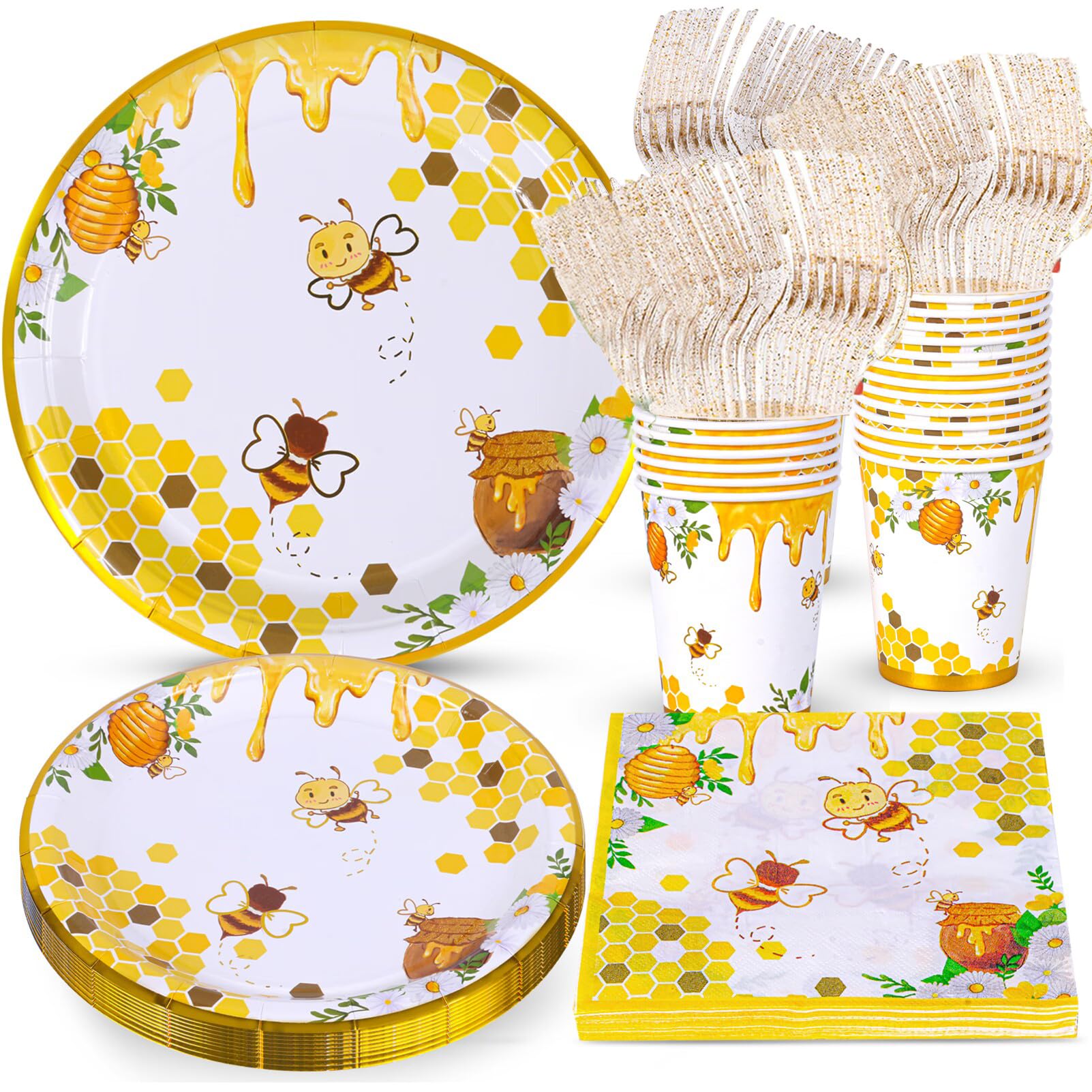 Atonofun Bee Party Supplies  Bee Plates and Napkins  Bee Party Plates  Cups  Napkins and Cutlery  Bee Party Decorations for Baby Shower  Bee Birthday  Happy Bee Day  Serves 24