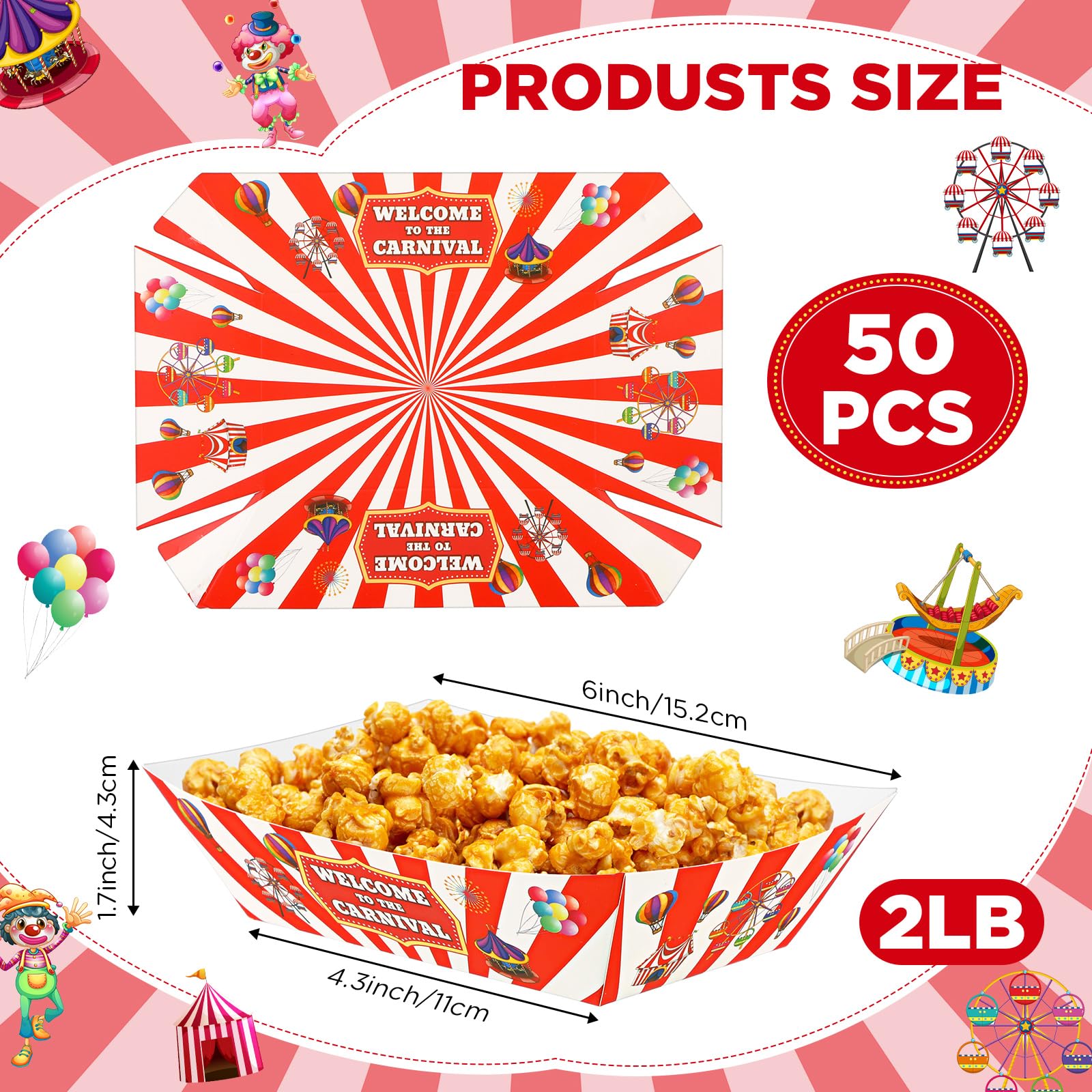 Tenceur 50 Pcs 2lb Carnival Food Trays Carnival Party Decorations Disposable Paper Food Serving Trays Nacho Hot Dog Boats Plates
