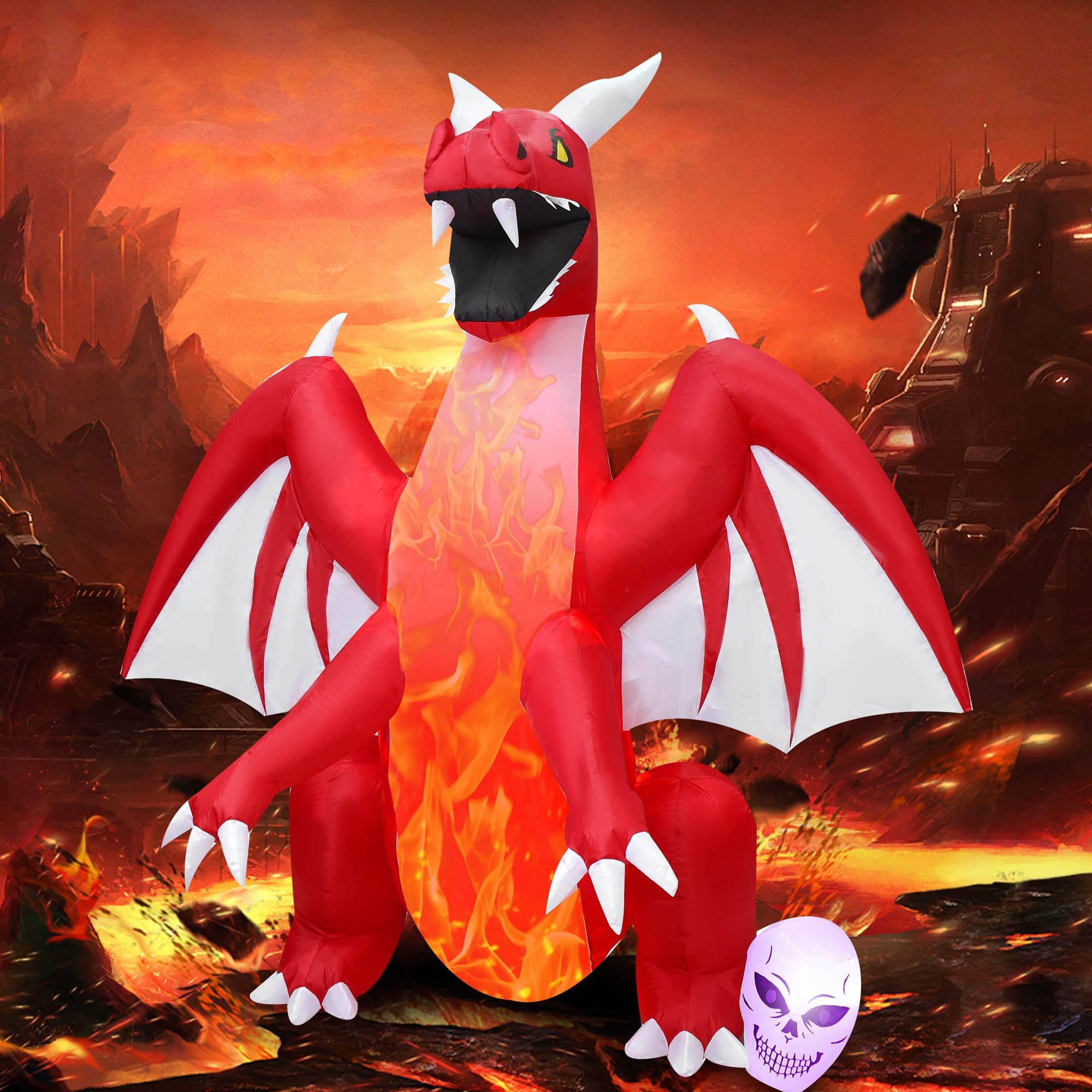 DearSun 8FT H Halloween Inflatable Dragon with Skull Next to The Foot, Blow up Dragon Inflatable with Red Flame lamp Inside Outd