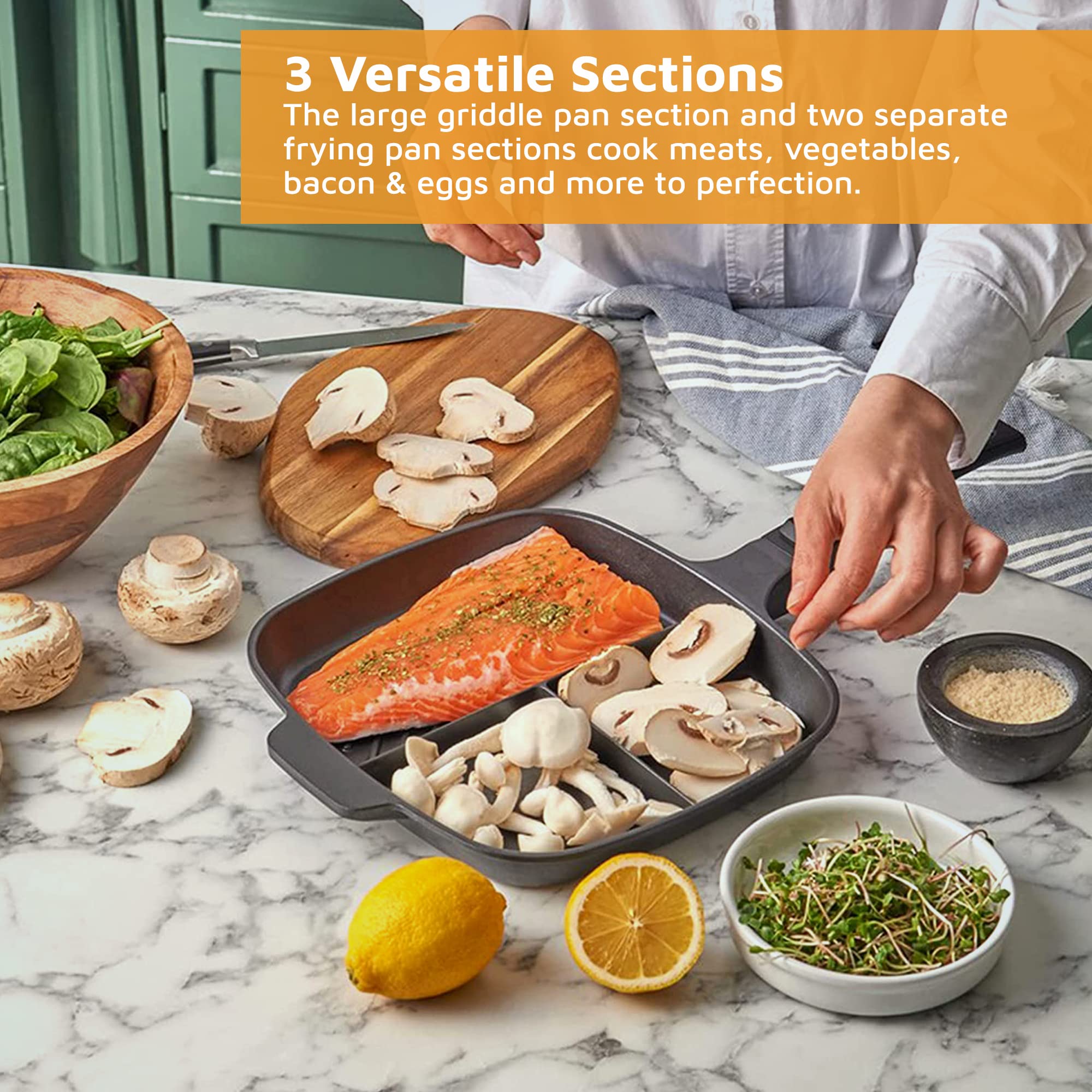 Jean-Patrique Divided Stove Top Grill Pan - 3 Section Breakfast Pan With Divider - Divided Frying Pan With Multi Sections - Grid