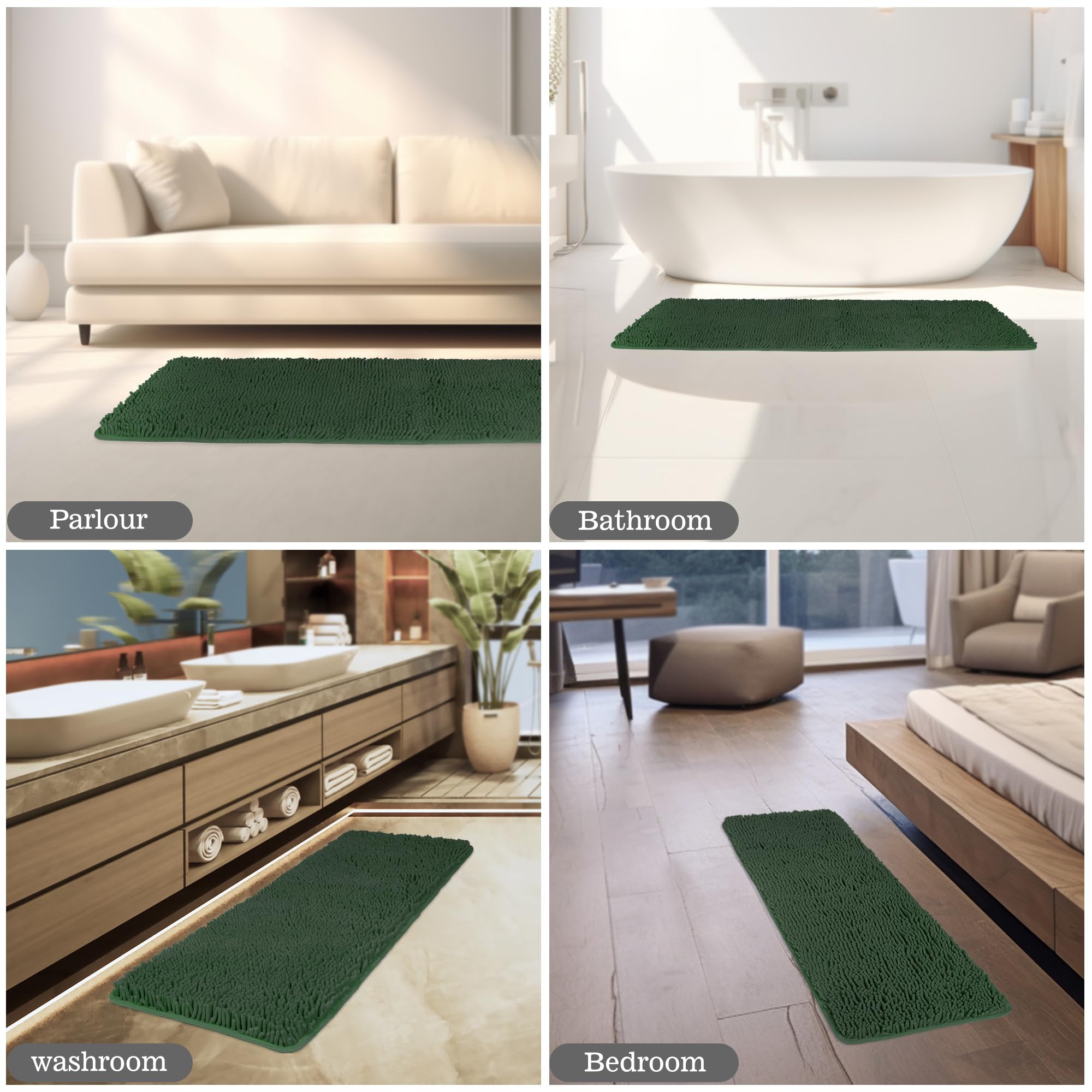Yeaban Hunter Green 47 X 17 Bathroom Rug - Thick Chenille Bath Mats | Absorbent And Washable Bath Rug Non-Slip, Plush And Soft R
