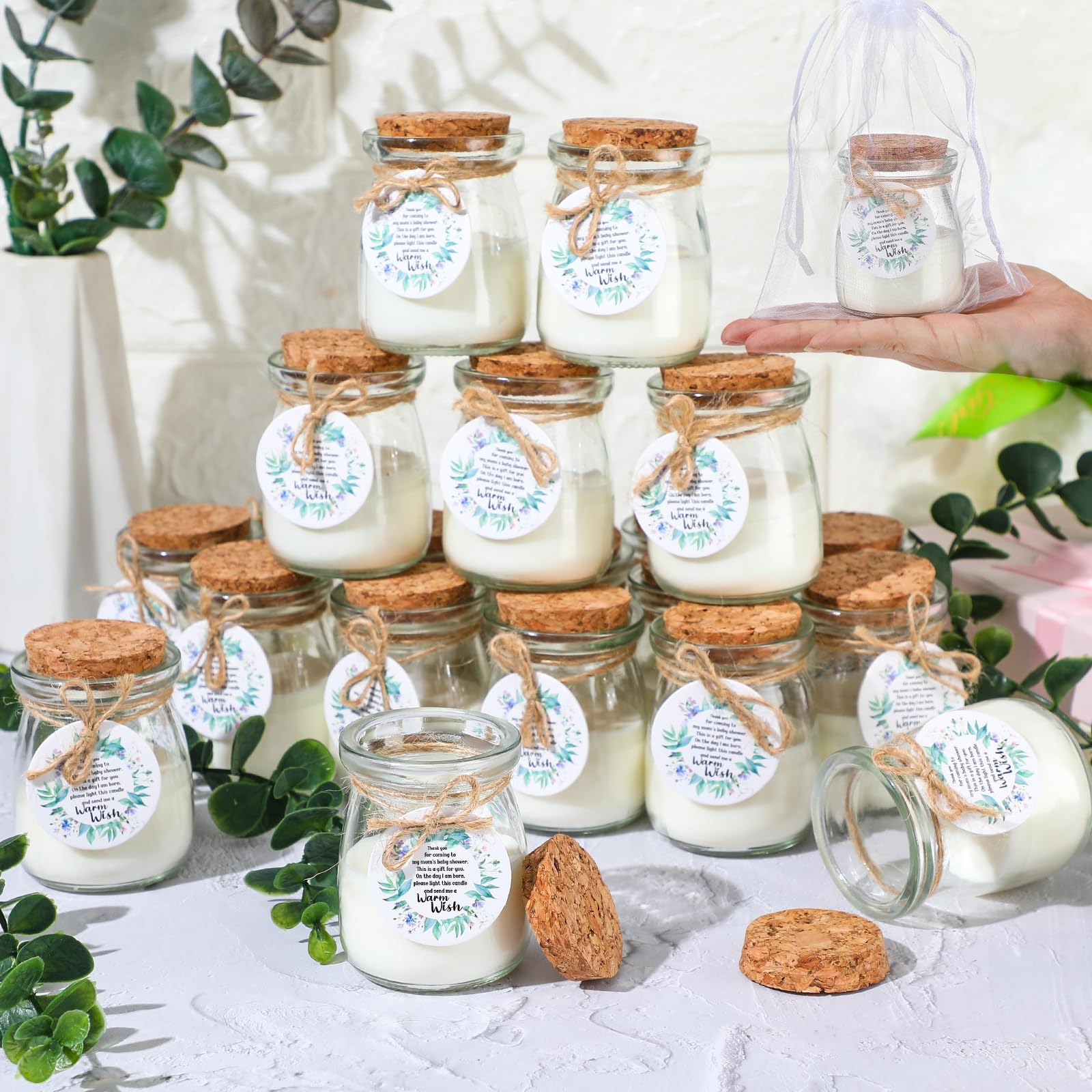 Threlaco 20 Pcs Baby Shower Favors Party Candle Lavender Scented Jars Candle Bulk Glass Mason Jar Candles Wax Candle for Guests 