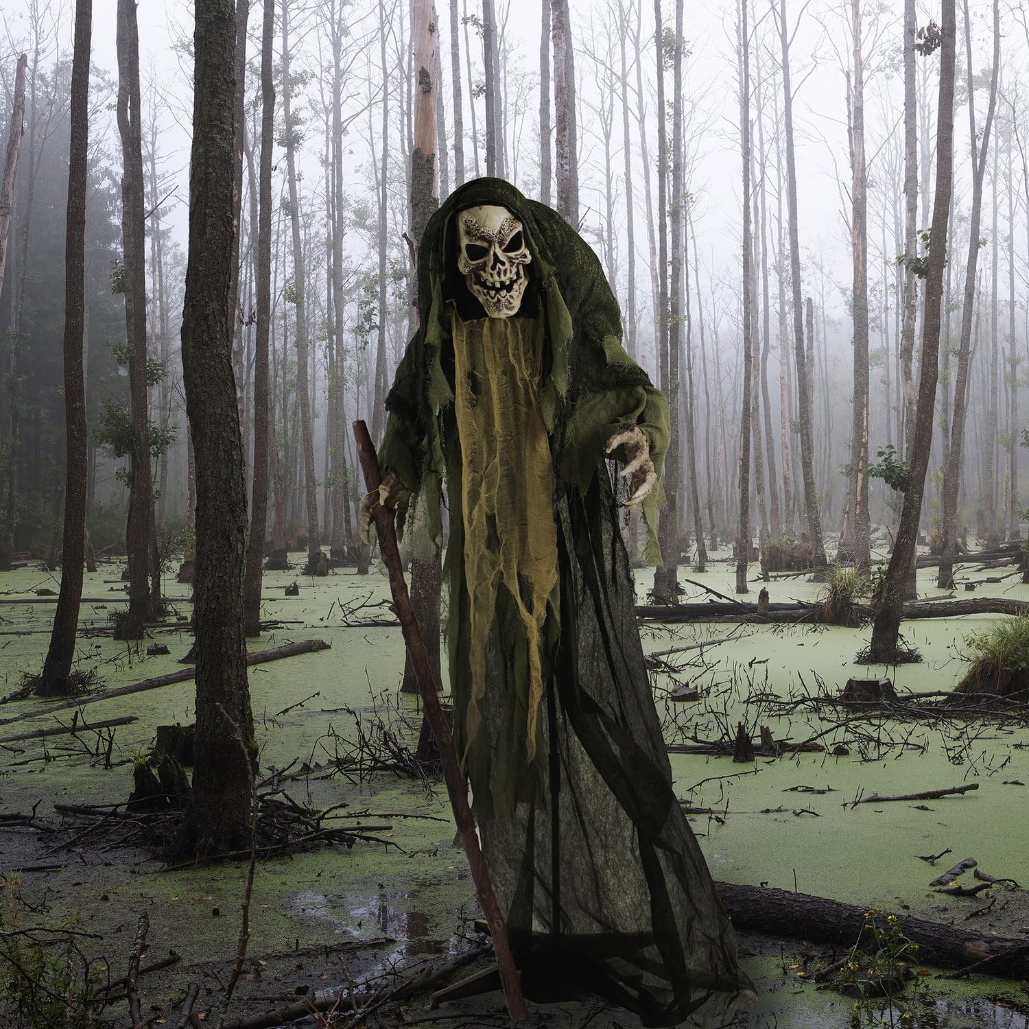 Haunted Hill Farm Life-Size Scary Skeleton Reaper Holding Staff, Halloween Animatronic with Touch Activated Lights and Sound, Ba