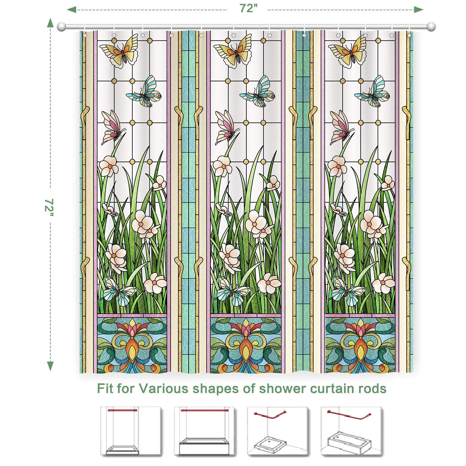 Flower Butterfly Shower Curtain, Glaze Glass Window Screen Shower Curtain Green Spring Summer Thick Shower Curtain Sets Waterpro