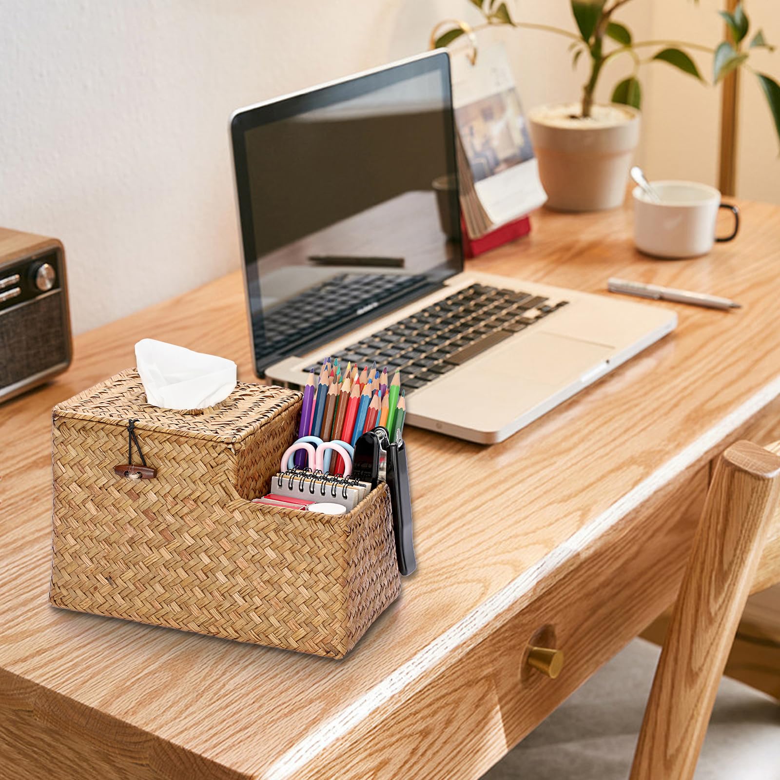 Sumnacon Square Woven Tissue Box Cover - Decorative Cube Tissue Box With Side Organizer, Rustic Seagrass Tissue Holder For Livin
