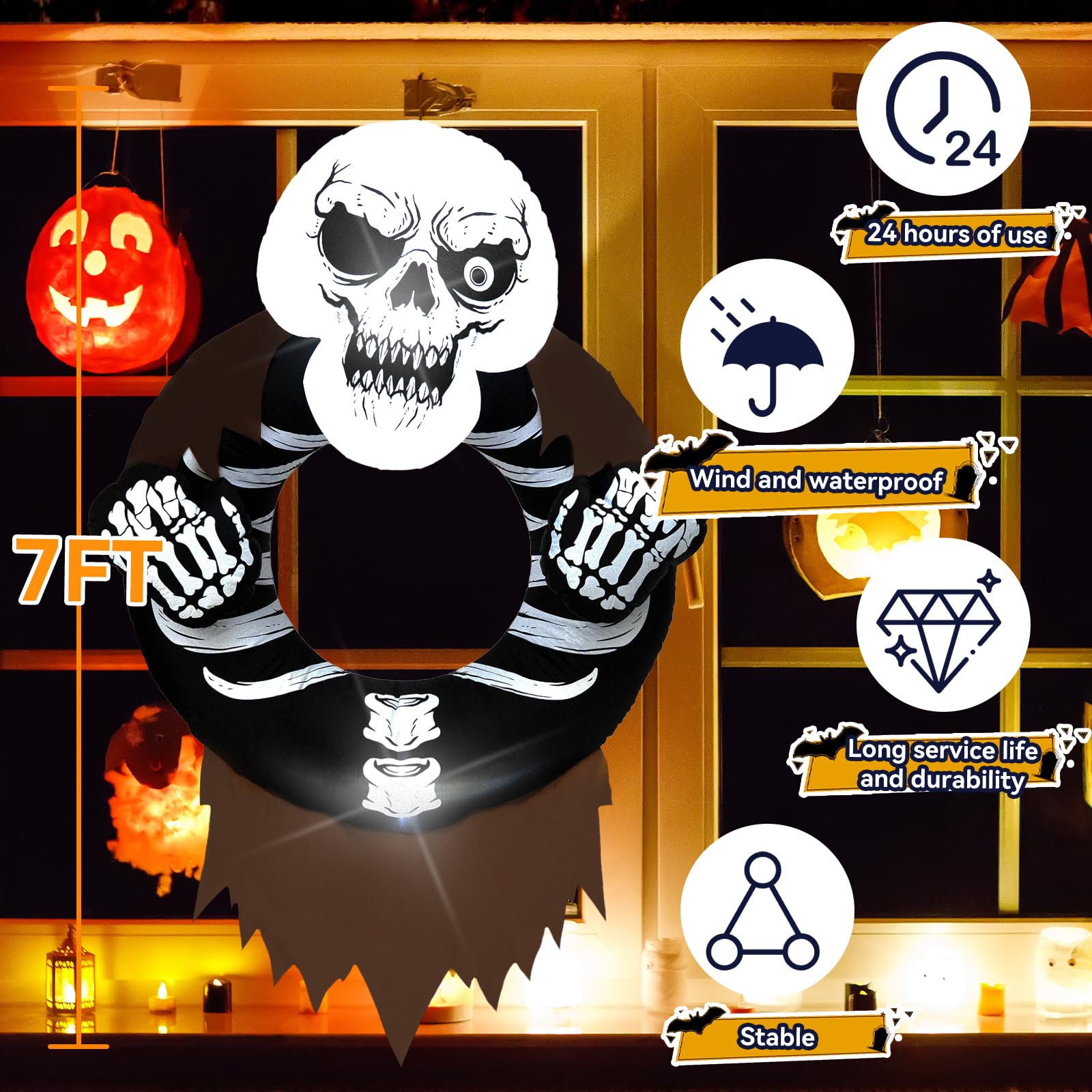 Halloween Inflatable, SHDEJTG 7FT Skull Wreath Inflatable Decoration, with Suction Cup and Hanging Rope, with LED Lights Built-i