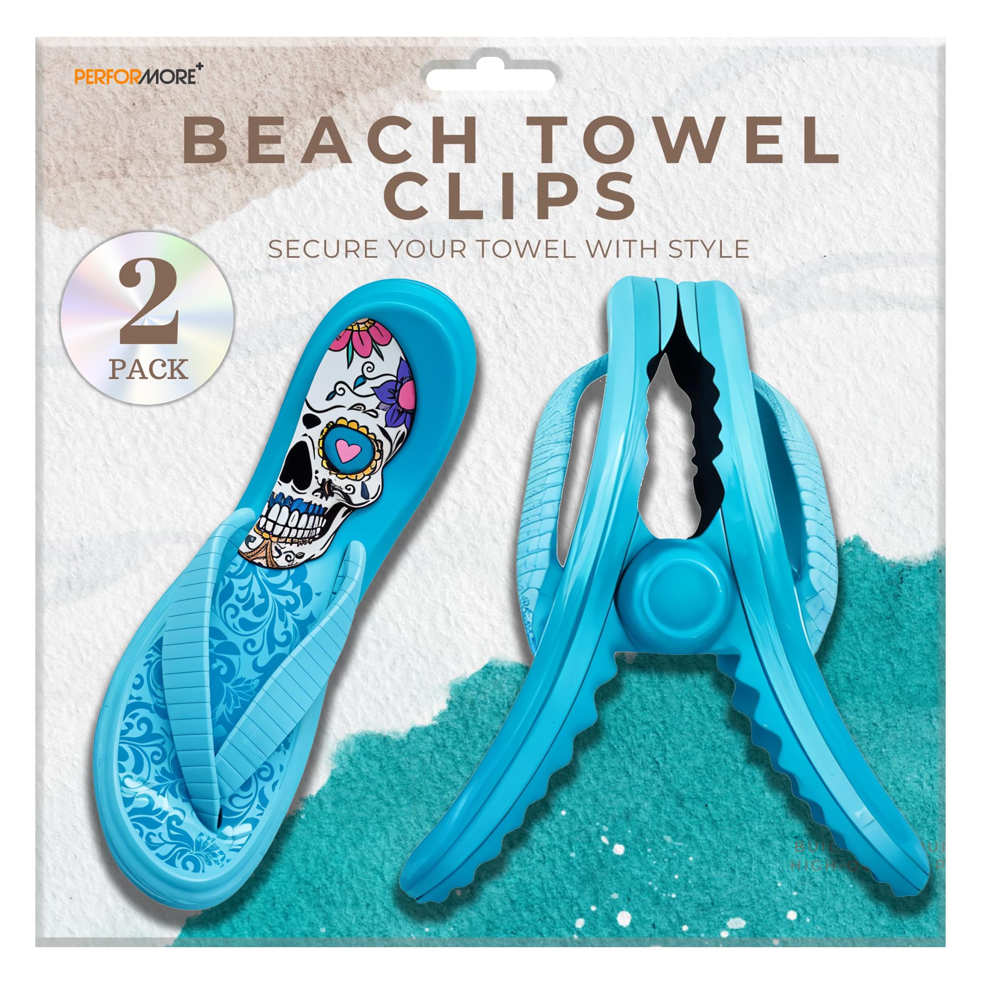 PERFORMORE Flip Flop Beach Towel Clips (Blue)  Set of 2  Portable Towel Holder Clips  Secure Clips for Beach Chairs Deck Patio Pool Boat Cruise Lounge Chair Accessories