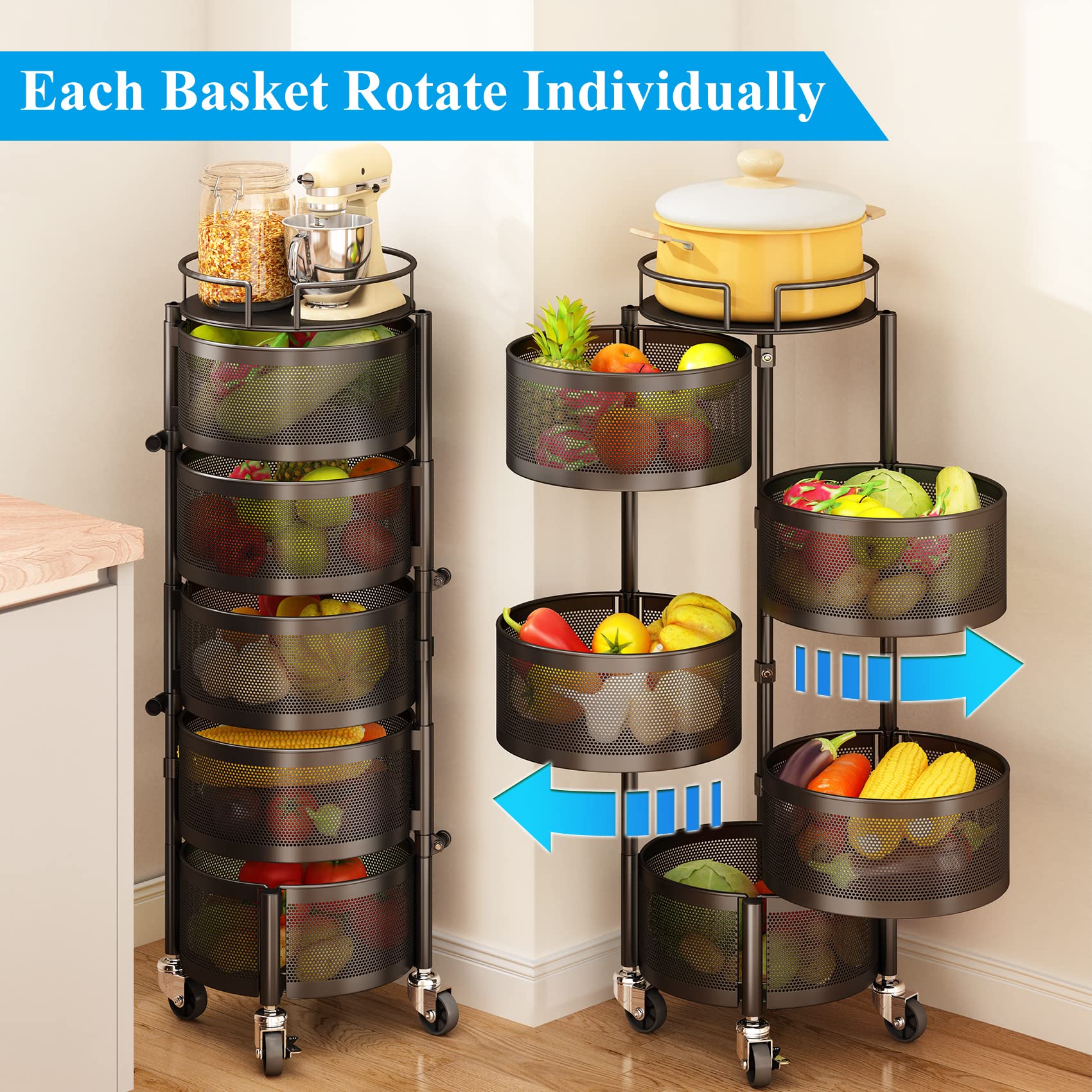 Fruit Vegetable Basket for Kitchen  Rotating Storage Rack  5 Tier Rolling Cart Basket with top lid  Large Metal Wire Basket with Wheels  Black