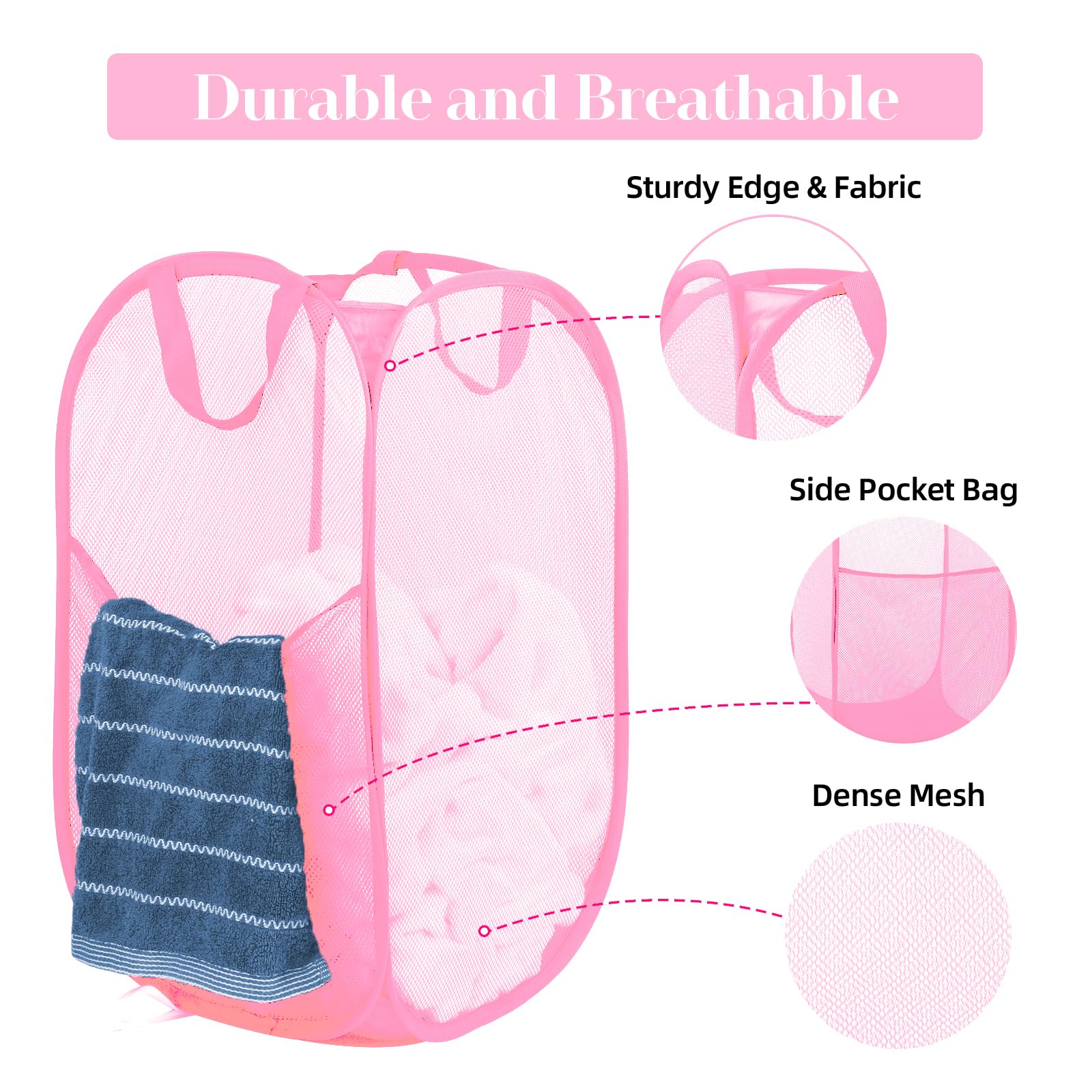 Durable Collapsible Laundry Baskets - Reinforced Mesh Pop Up Laundry Hamper With Side Pocket, Foldable Clothes Storage Hamper Wi
