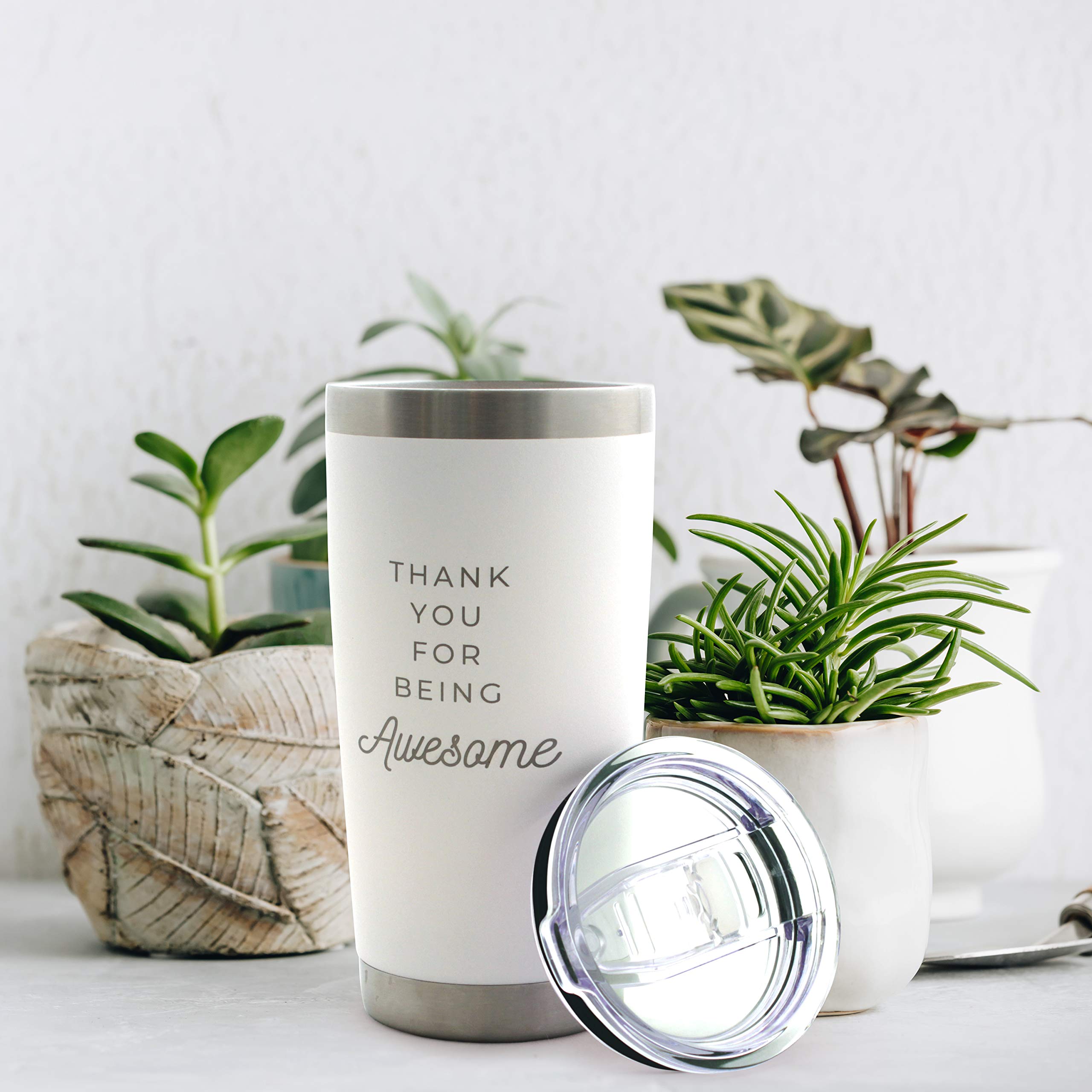 Thank You For Being Awesome - 20 Oz White Insulated Stainless Steel Tumbler W/Lid - Gratitude Gift For Employee Or Co-Worker - B