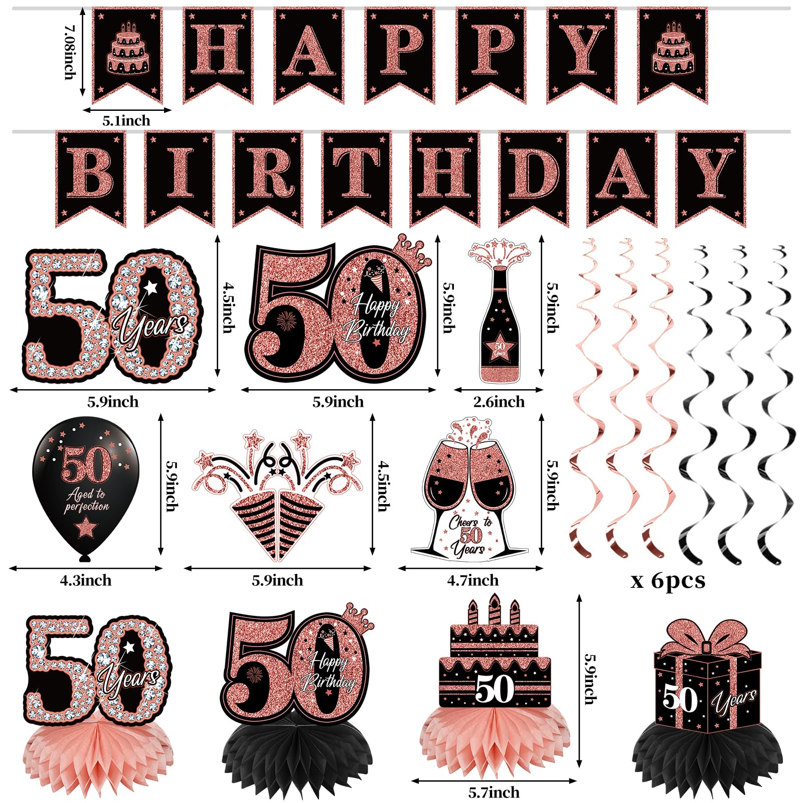 42Pcs 50Th Birthday Decoration Kit For Women, Rose Gold Happy 50Th Bday Banner Balloons Honeycomb Centerpiece Swirl Paper Pompom