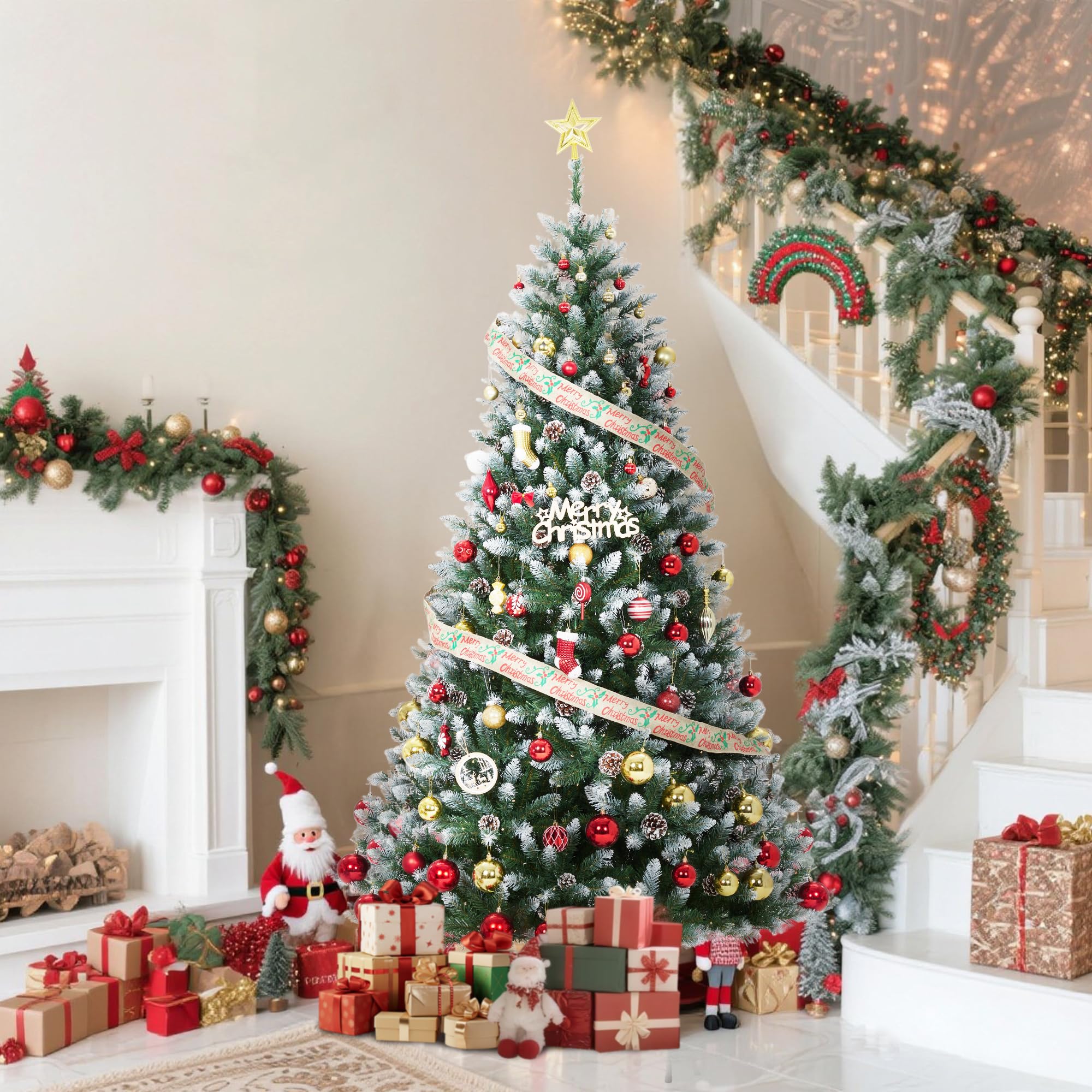 9 ft Christmas Tree, Christmas Decorations with 900 Lights, Pre-lit Artificial Christmas Tree with 1800 Snowy White PVC Branches