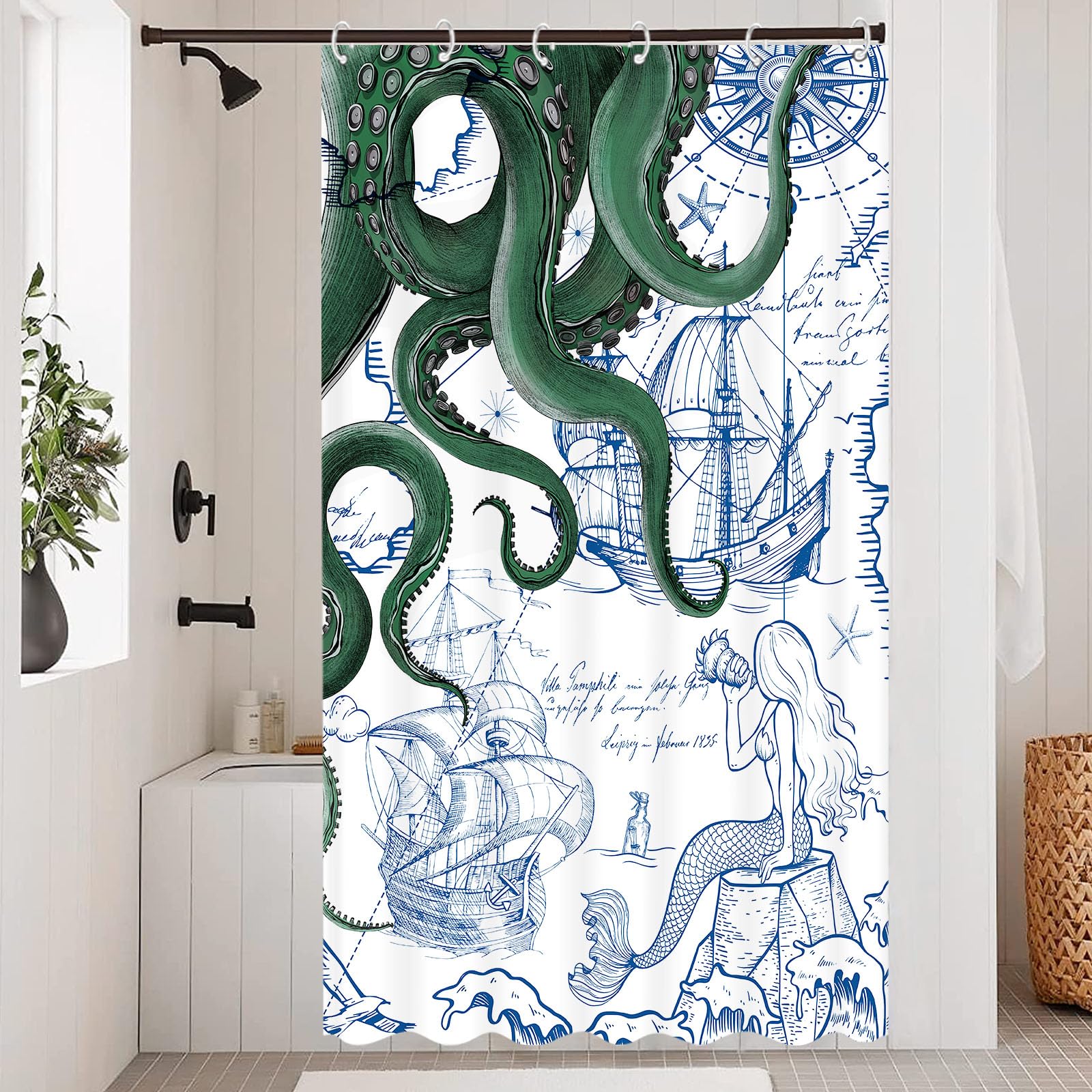 Fungarth Stall Green Nautical Octopus Shower Curtain Navy Blue Mermaid Funny Ocean Kraken Shower Curtains For Bathroom Cool Anch