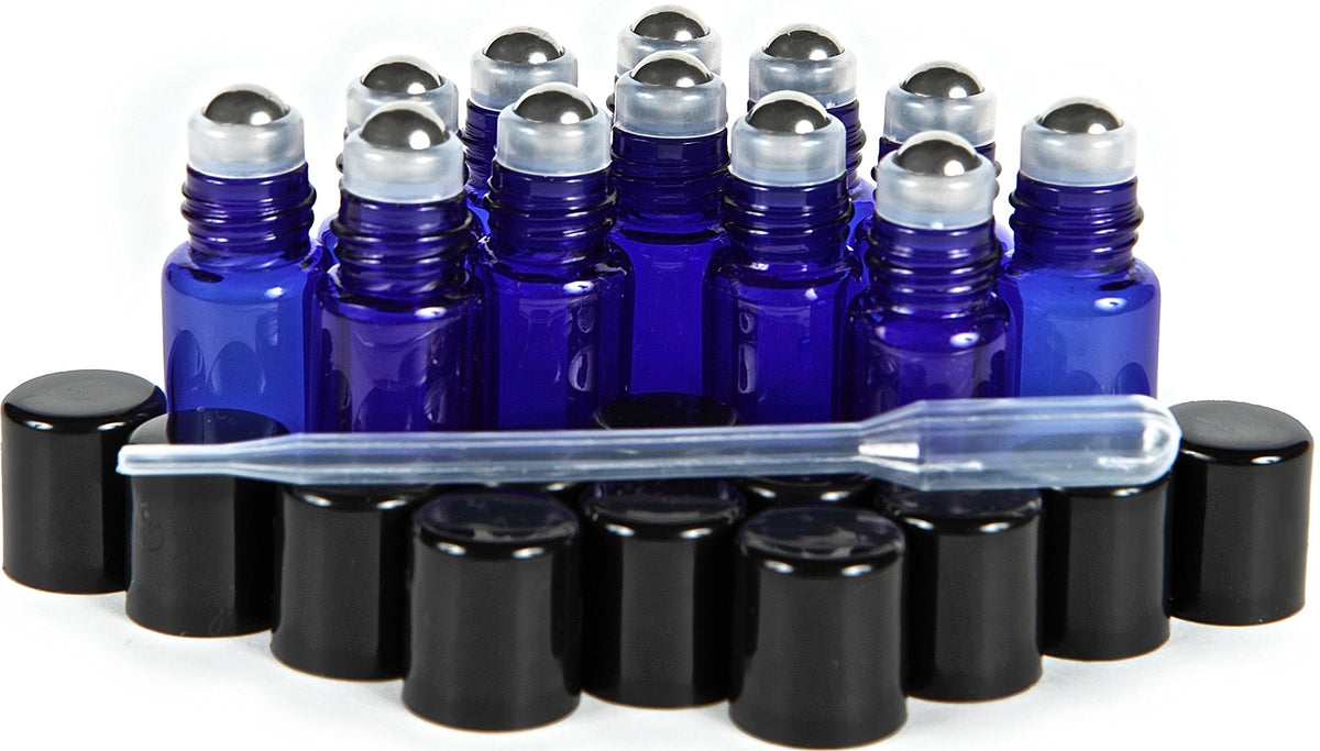 Vivaplex, 12, Cobalt Blue, 3 Ml Glass Roll-On Bottles With Stainless Steel Roller Balls - Dropper Included