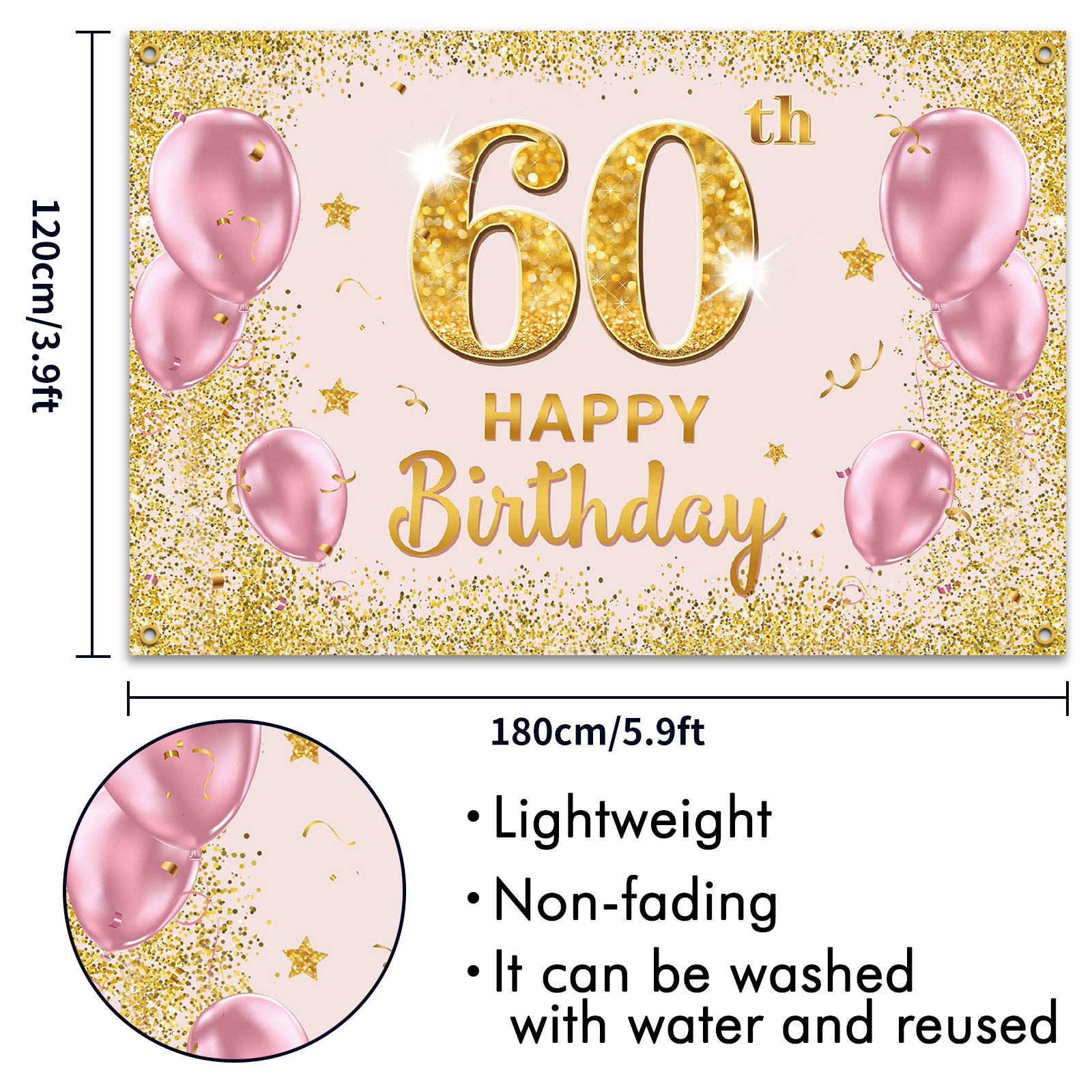 Pakboom Happy 60Th Birthday Backdrop Banner - 60 Birthday Party Decorations Supplies For Women - Gold Pink 3.9 X 5.9Ft
