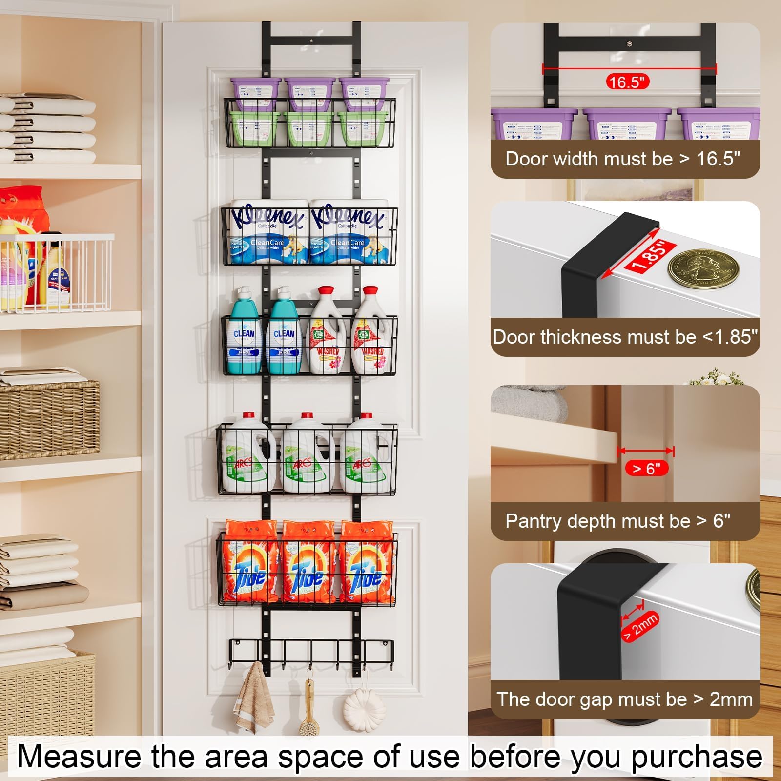 Hongtamoya Adjustable Over The Door Laundry Room Organizer, Hanging Metal Laundry Room Shelves With 5 Wire Basket 7 Hooks, Wall